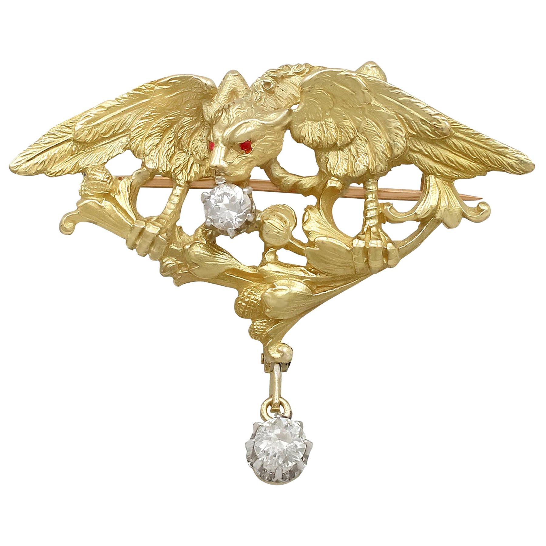 Antique French 1900s Diamond and Yellow Gold Griffin Brooch