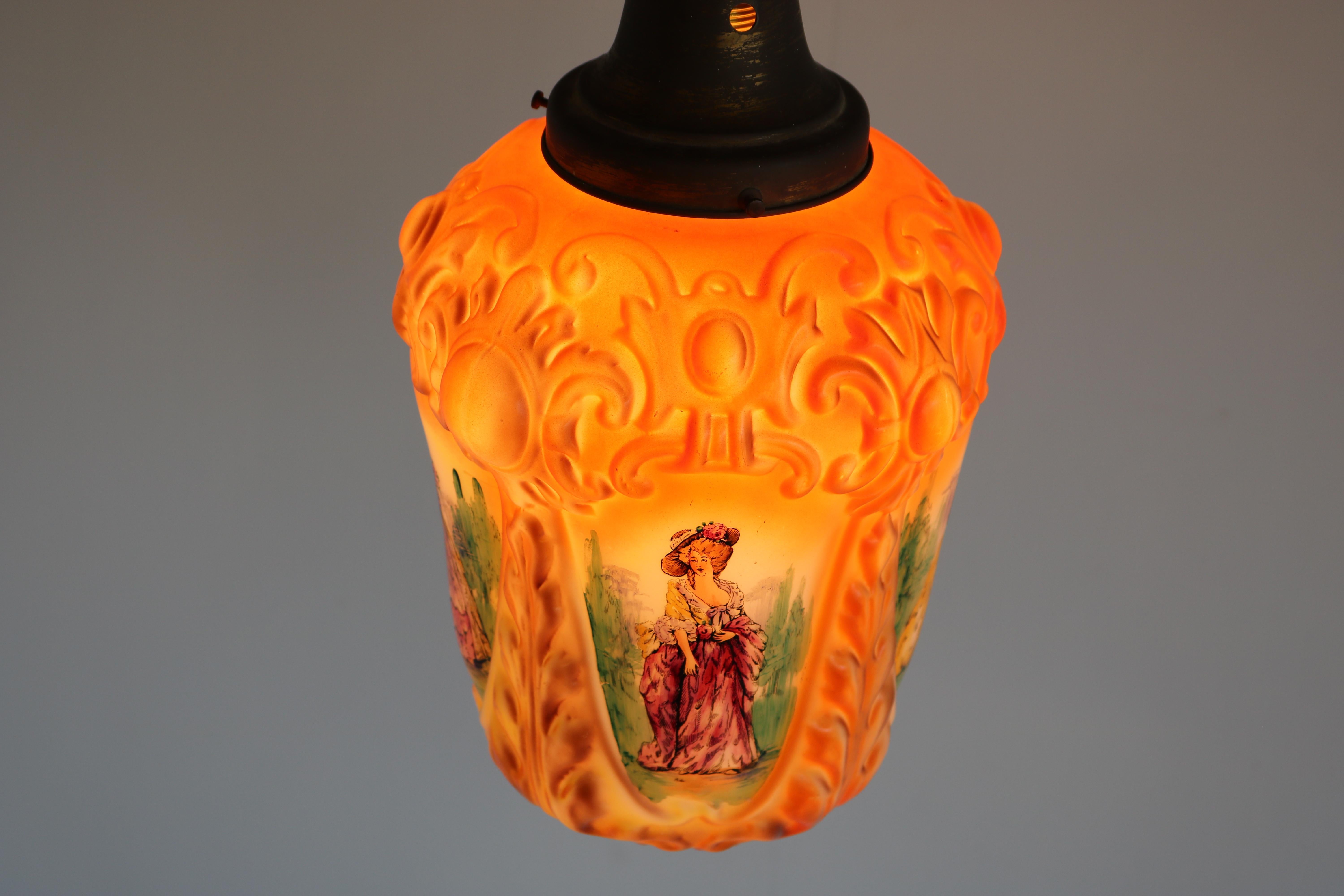 Renaissance Revival Antique French 1910 Hand Painted Opaline Victorian Pendant Light Renaissance For Sale