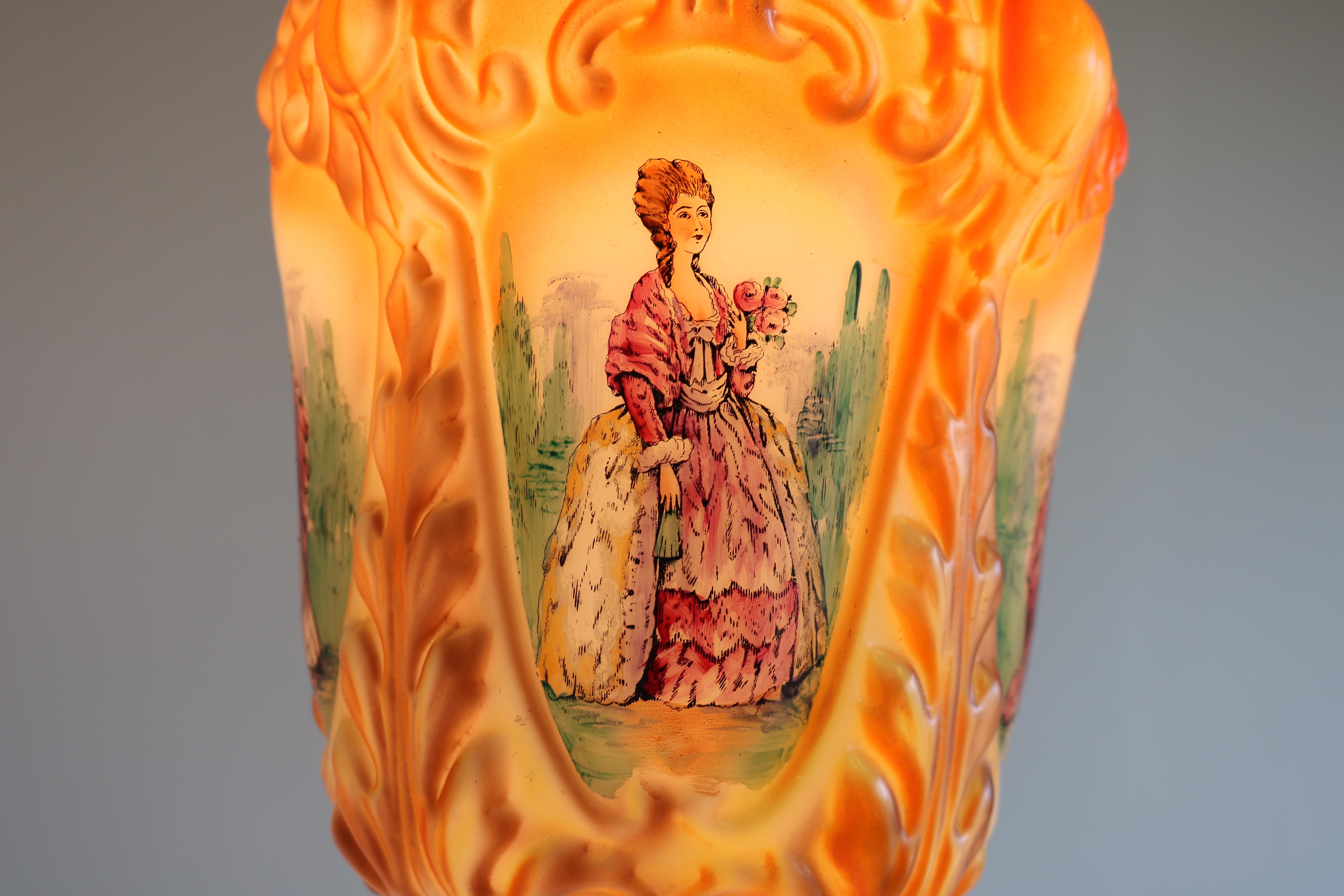 Brass Antique French 1910 Hand Painted Opaline Victorian Pendant Light Renaissance For Sale
