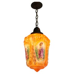 Used French 1910 Hand Painted Opaline Victorian Pendant Light Renaissance