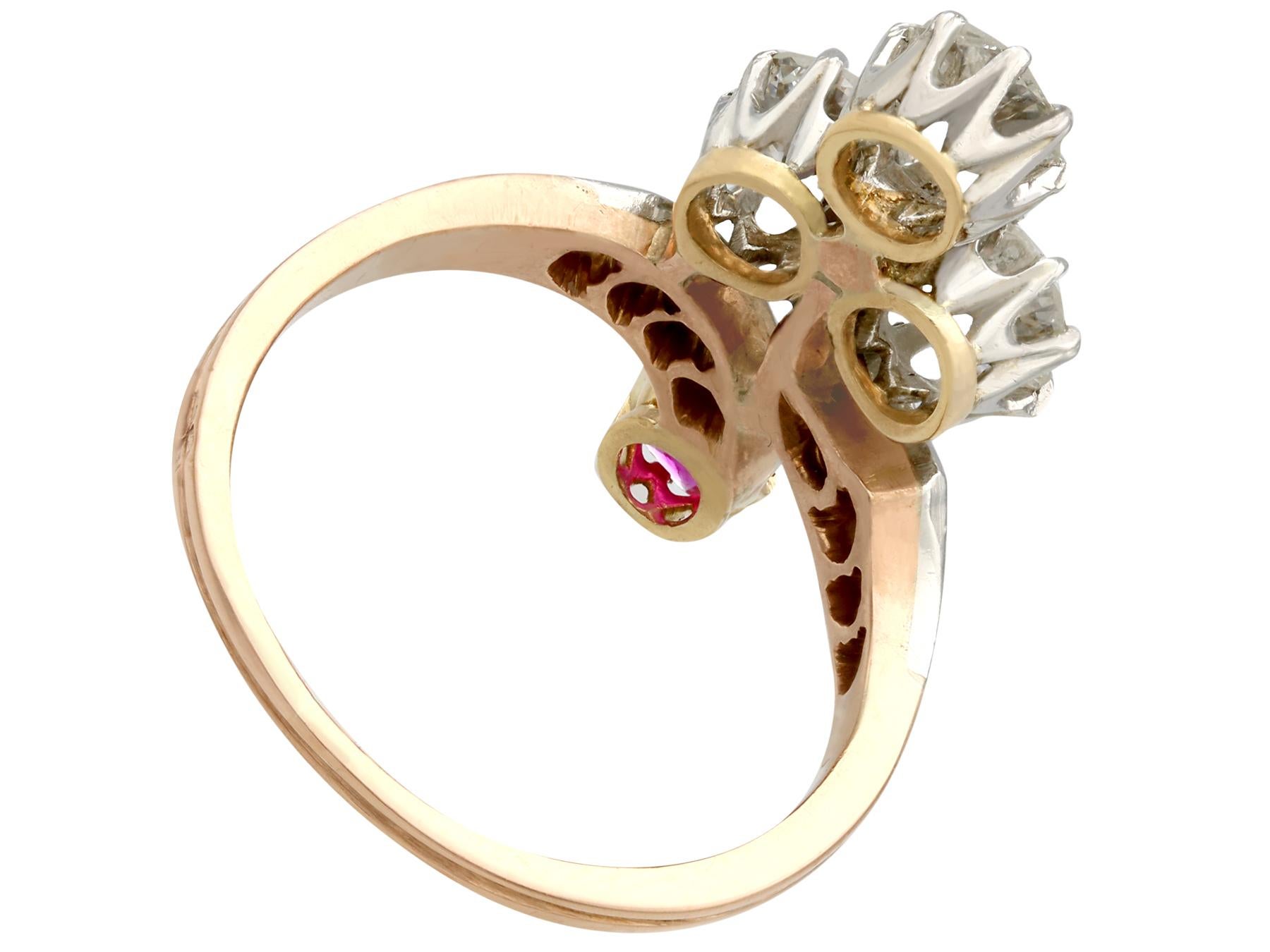 Round Cut Antique French 1.71 Carat Diamond and Ruby Yellow Gold Twist Ring For Sale