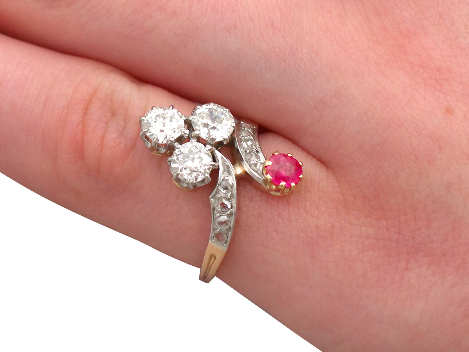 Antique French 1.71 Carat Diamond and Ruby Yellow Gold Twist Ring For Sale 1