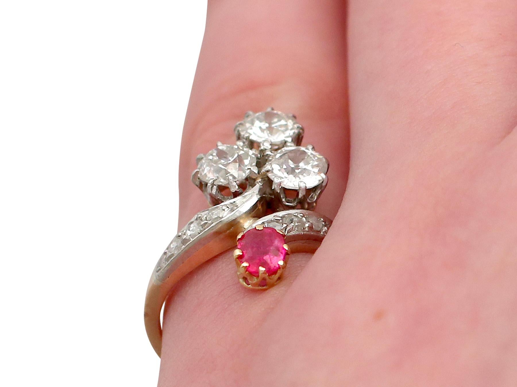 Antique French 1.71 Carat Diamond and Ruby Yellow Gold Twist Ring For Sale 2