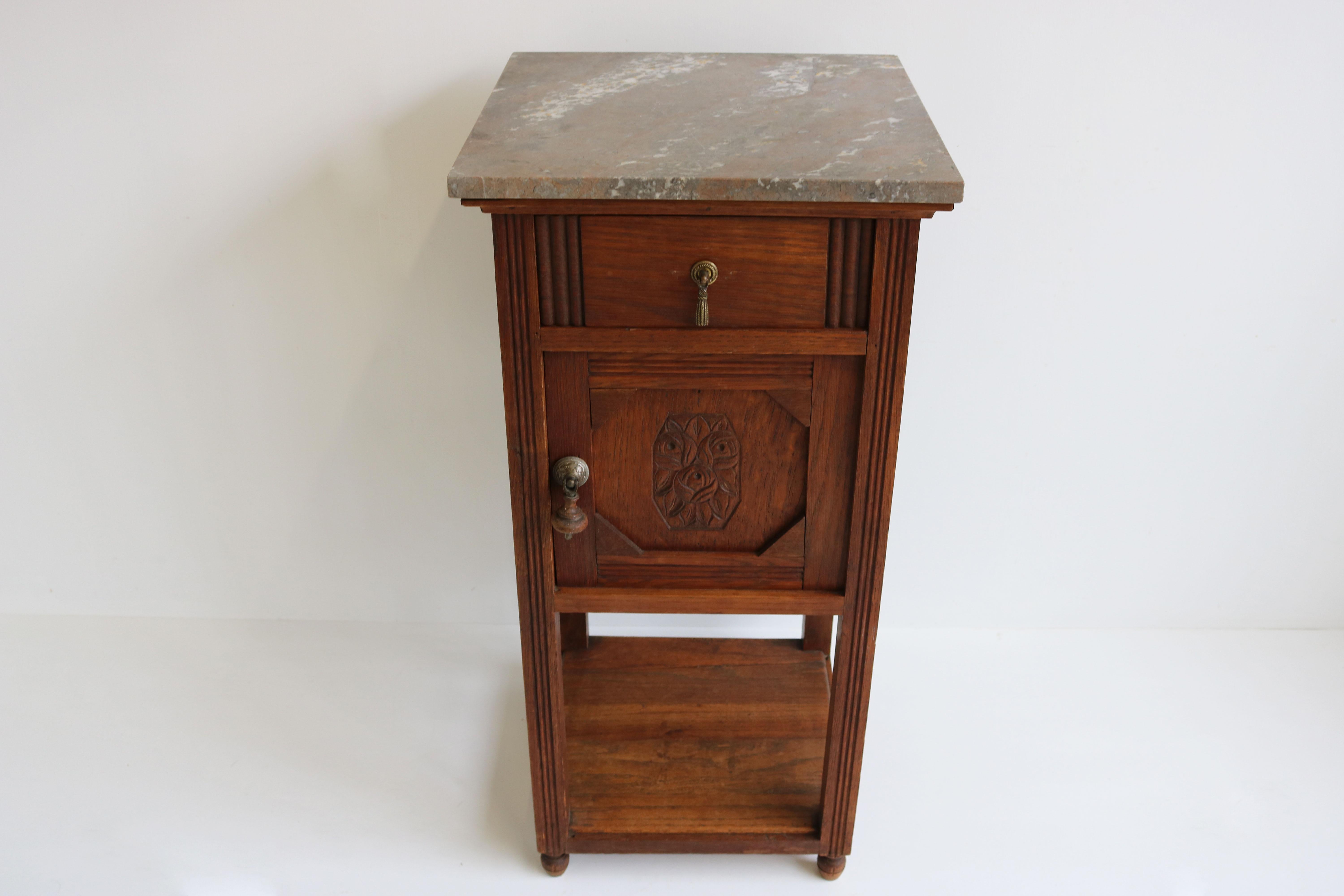 Antique French 1920 Art Deco Night Stand / Bedside Table Carved Oak Marble Top For Sale 3