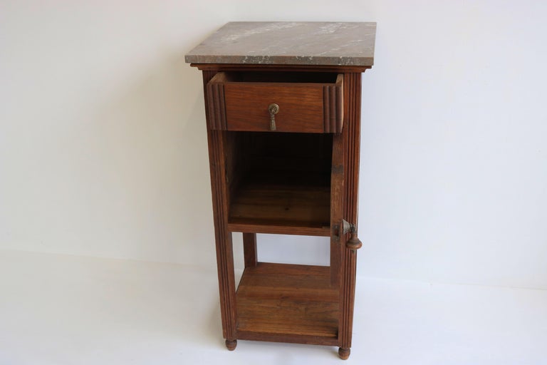Antique French 1920 Art Deco Night Stand / Bedside Table Carved Oak Marble  Top For Sale at 1stDibs