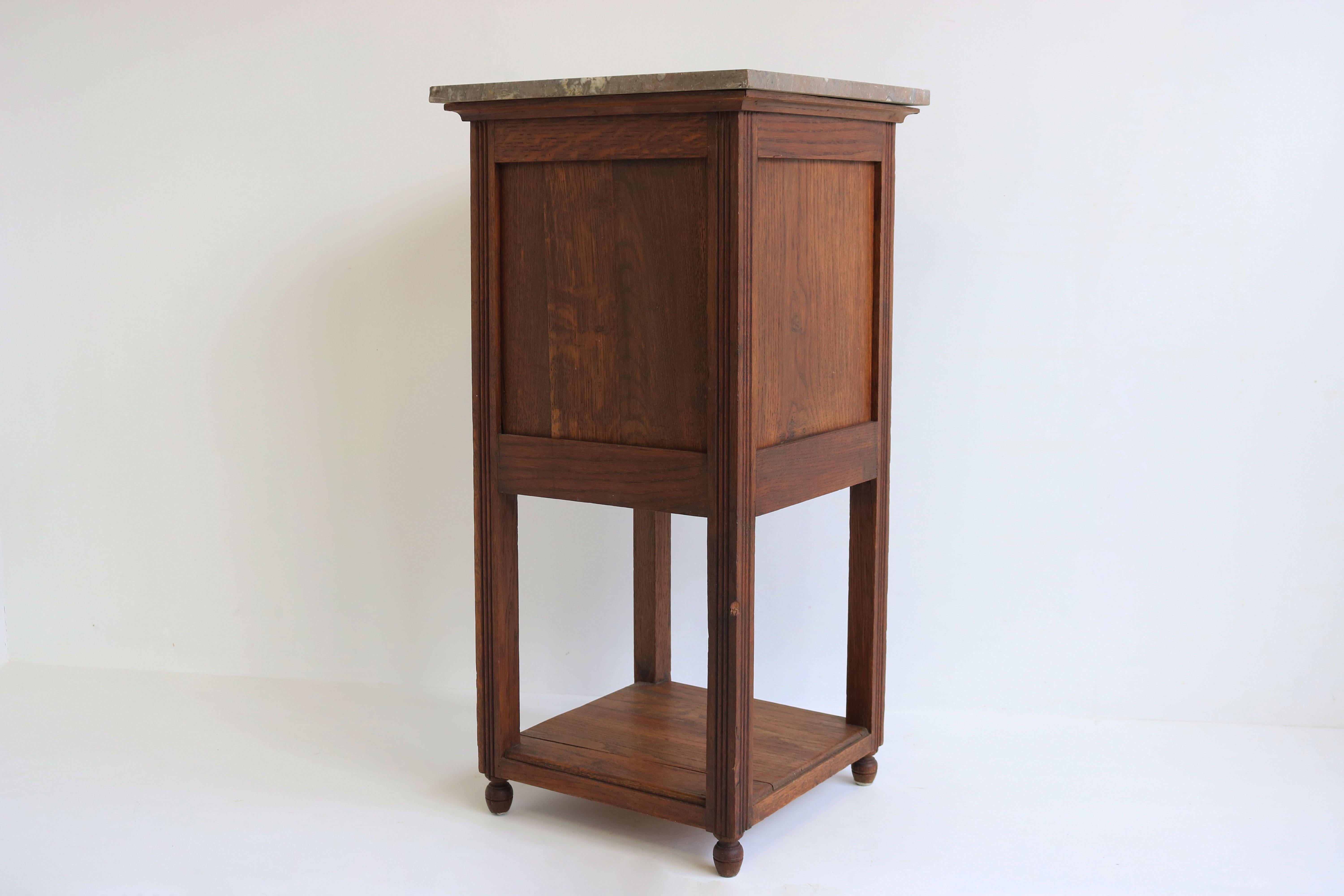 Antique French 1920 Art Deco Night Stand / Bedside Table Carved Oak Marble Top For Sale 2