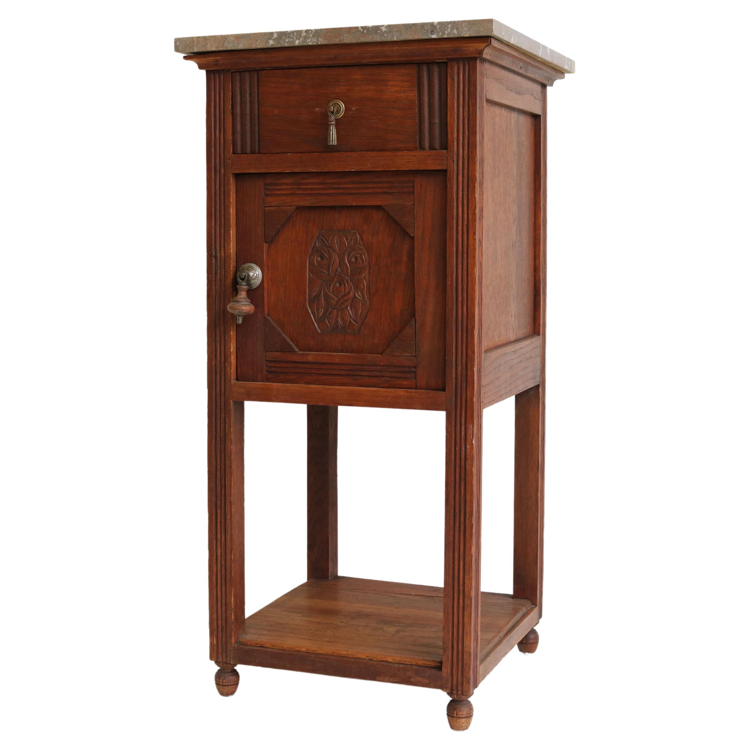 Antique French 1920 Art Deco Night Stand / Bedside Table Carved Oak Marble Top For Sale