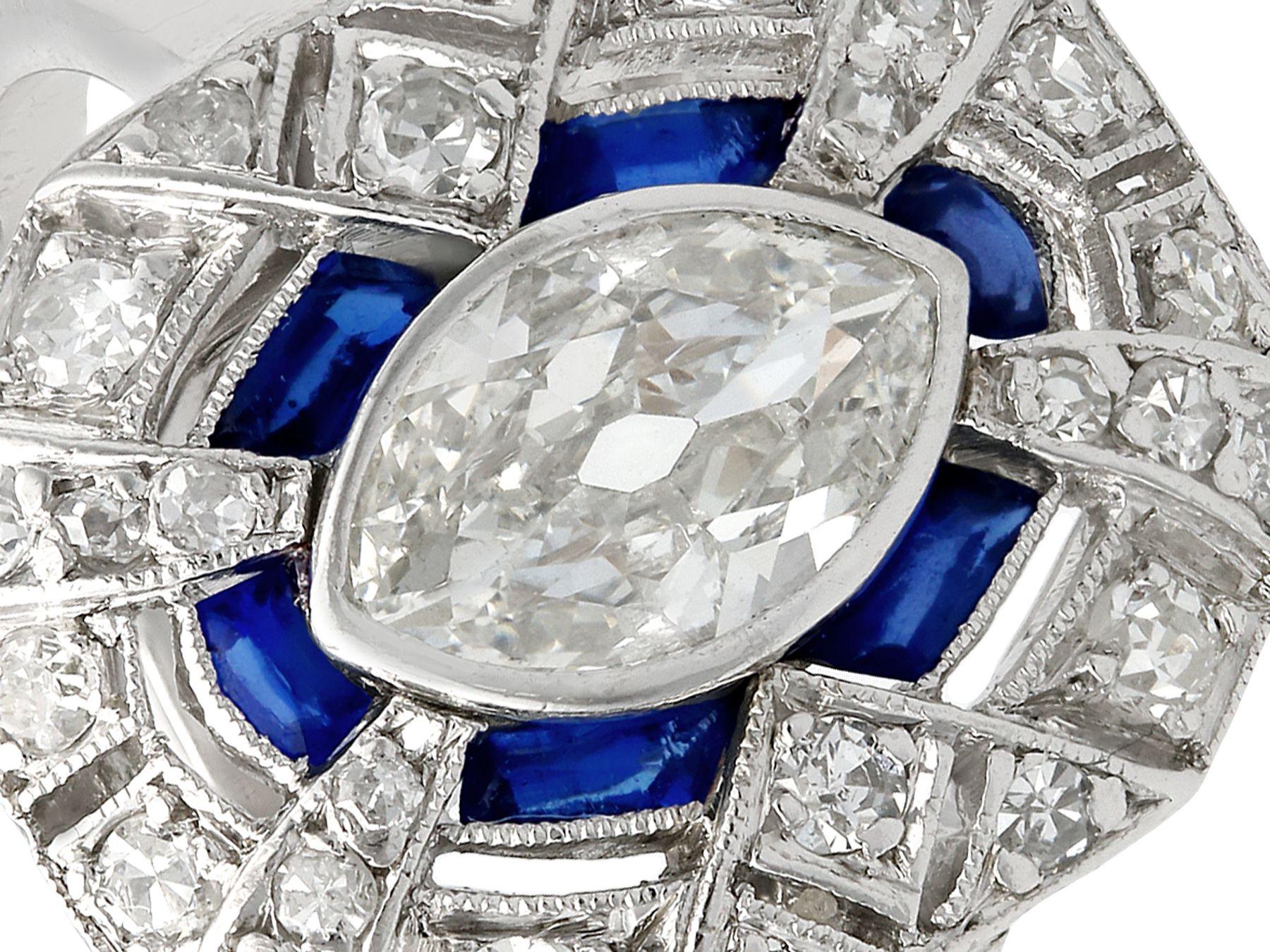 Art Deco Antique French 1920s 1.39 Carat Diamond and Sapphire Platinum Dress Ring