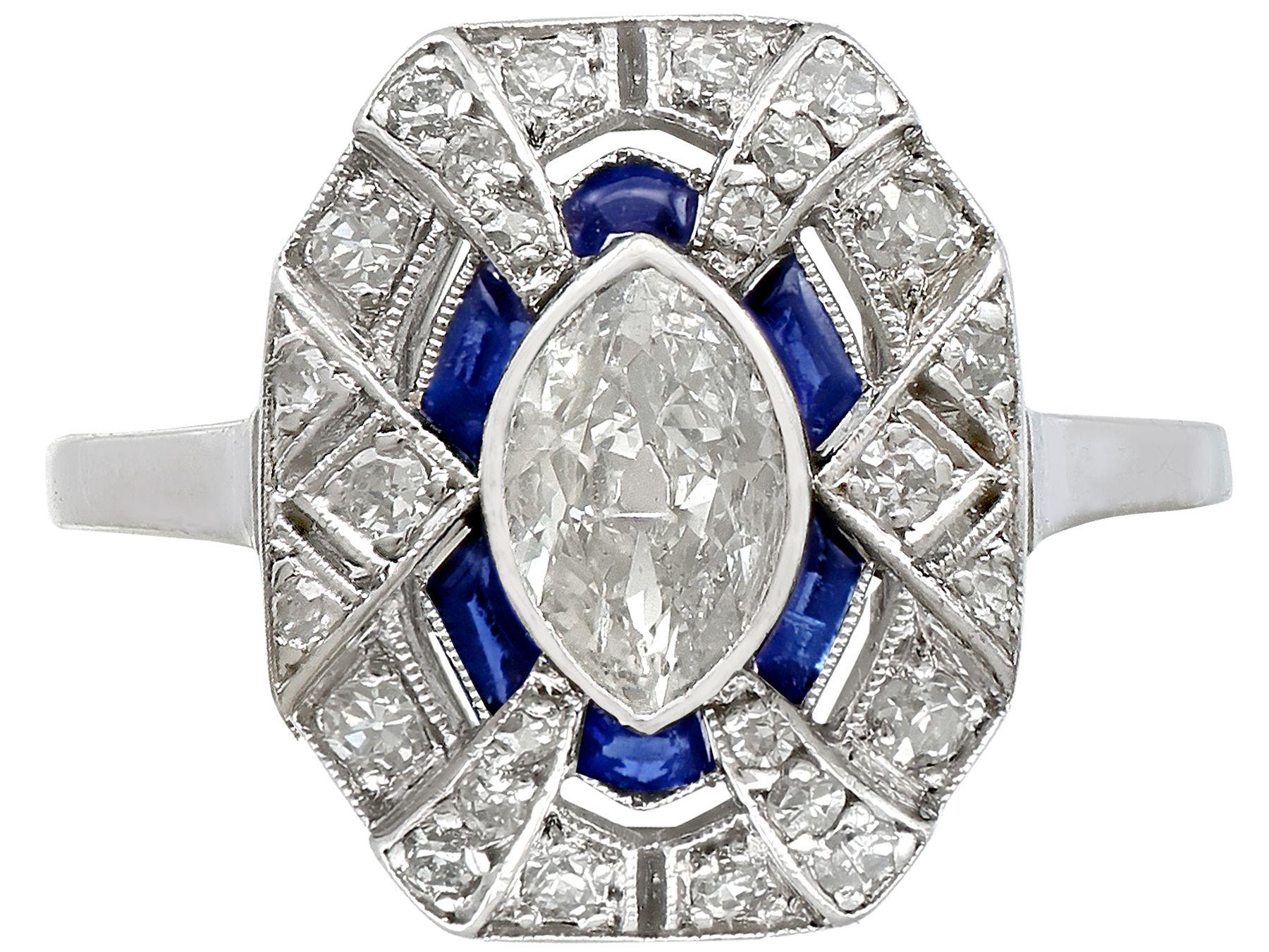 Marquise Cut Antique French 1920s 1.39 Carat Diamond and Sapphire Platinum Dress Ring