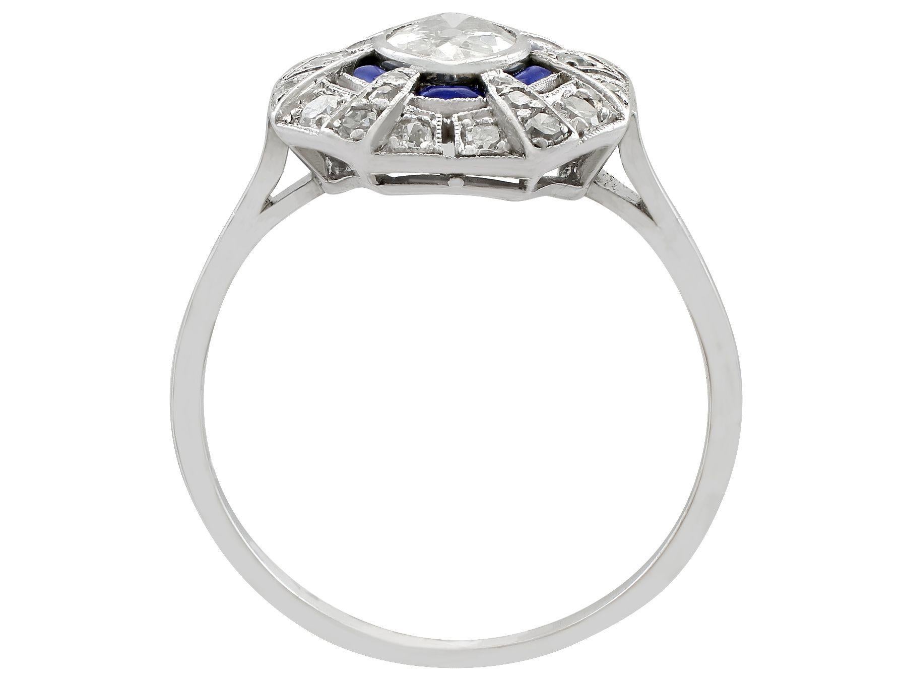 Antique French 1920s 1.39 Carat Diamond and Sapphire Platinum Dress Ring In Excellent Condition In Jesmond, Newcastle Upon Tyne
