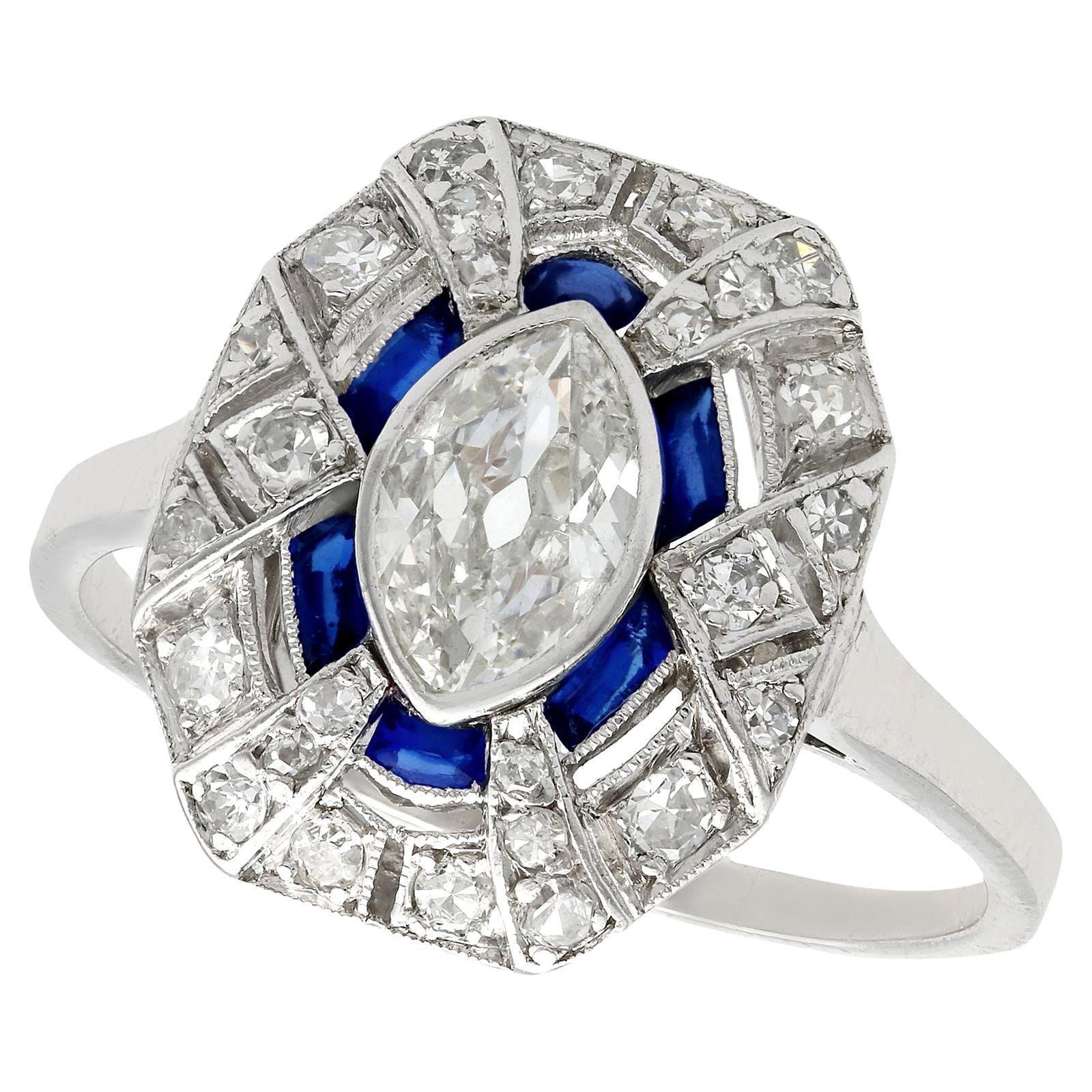 Antique French 1920s 1.39 Carat Diamond and Sapphire Platinum Dress Ring