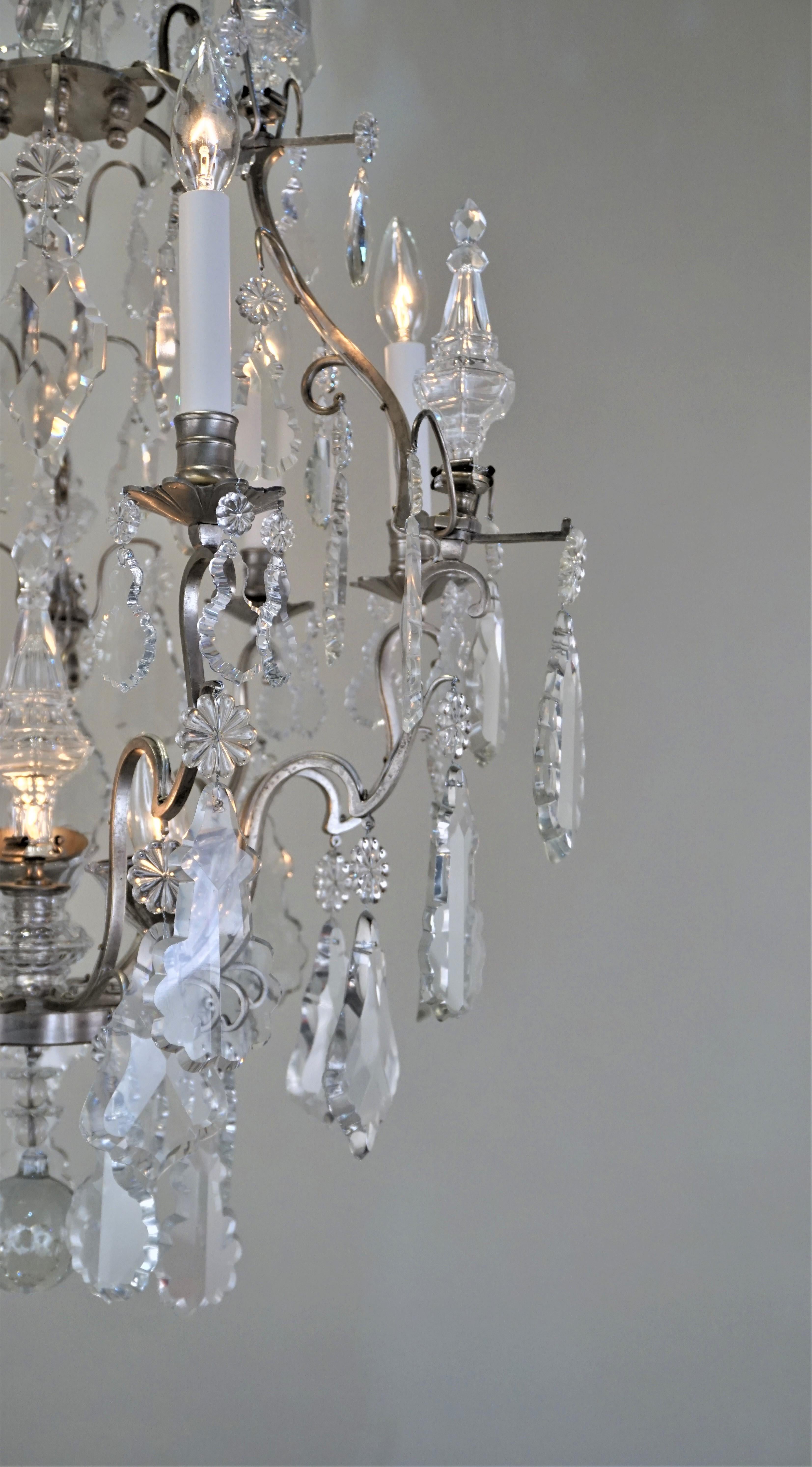 Antique French 1920s Crystal and Silver Chandelier In Good Condition For Sale In Fairfax, VA