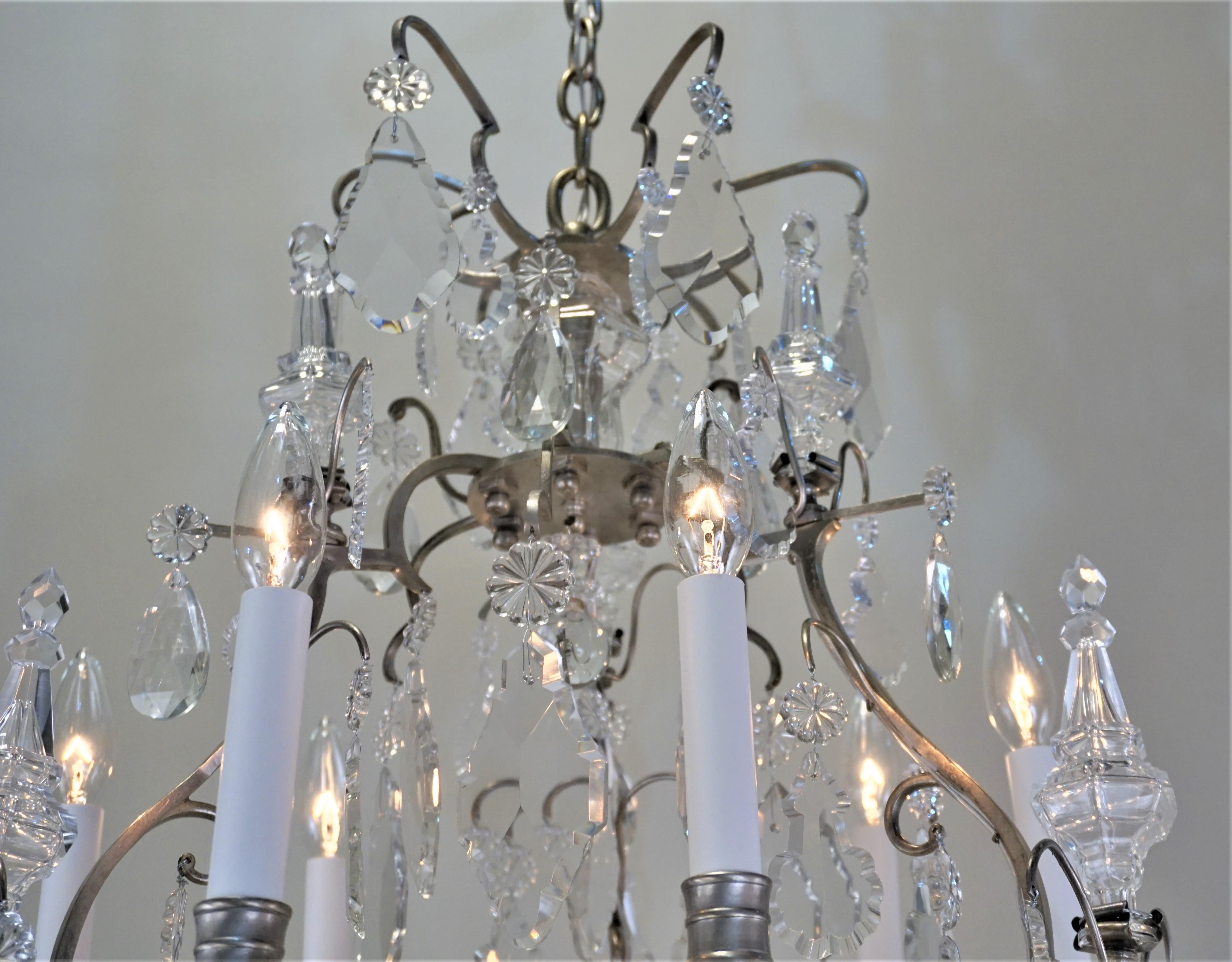Early 20th Century Antique French 1920s Crystal and Silver Chandelier For Sale