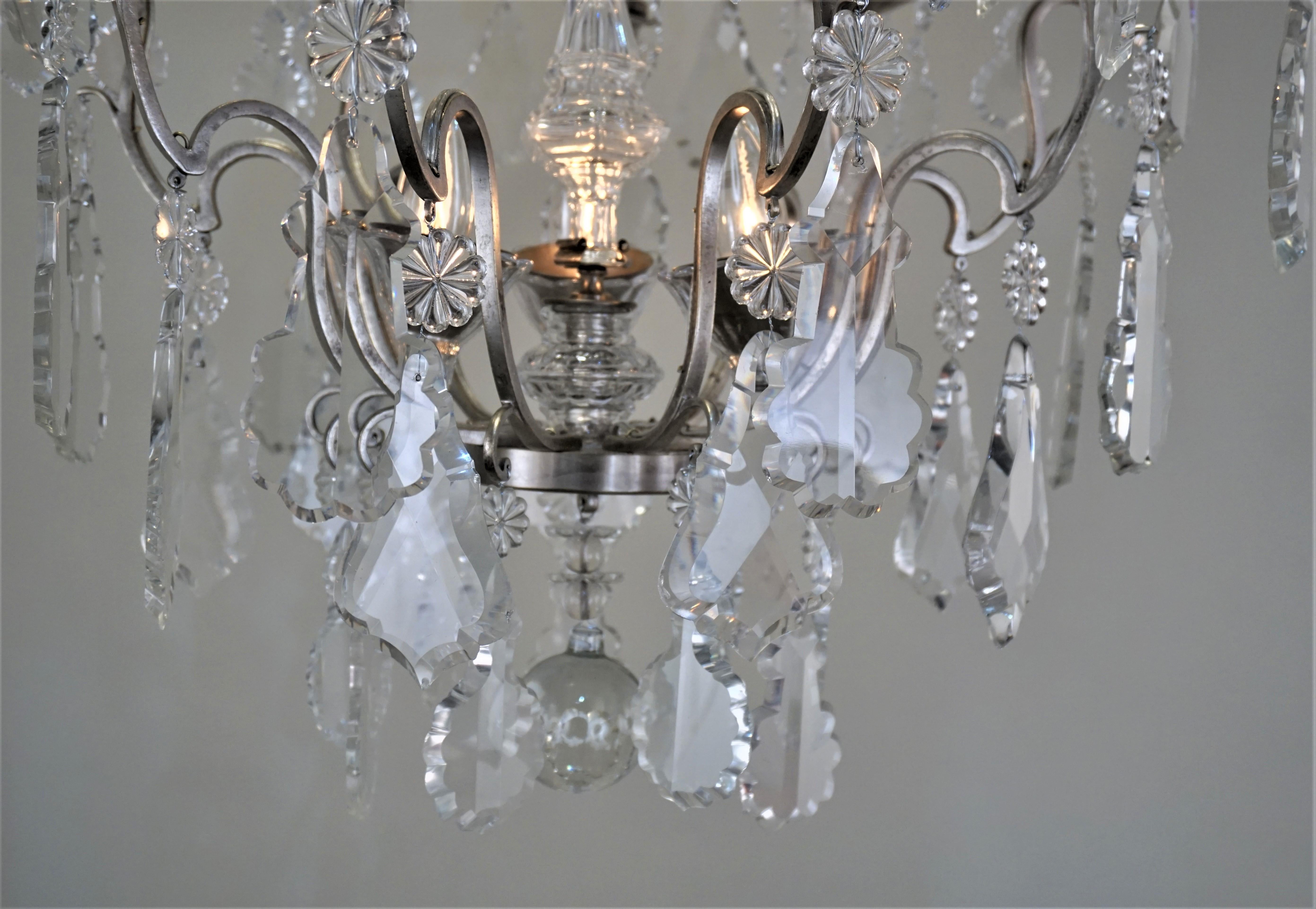 Silver Plate Antique French 1920s Crystal and Silver Chandelier For Sale