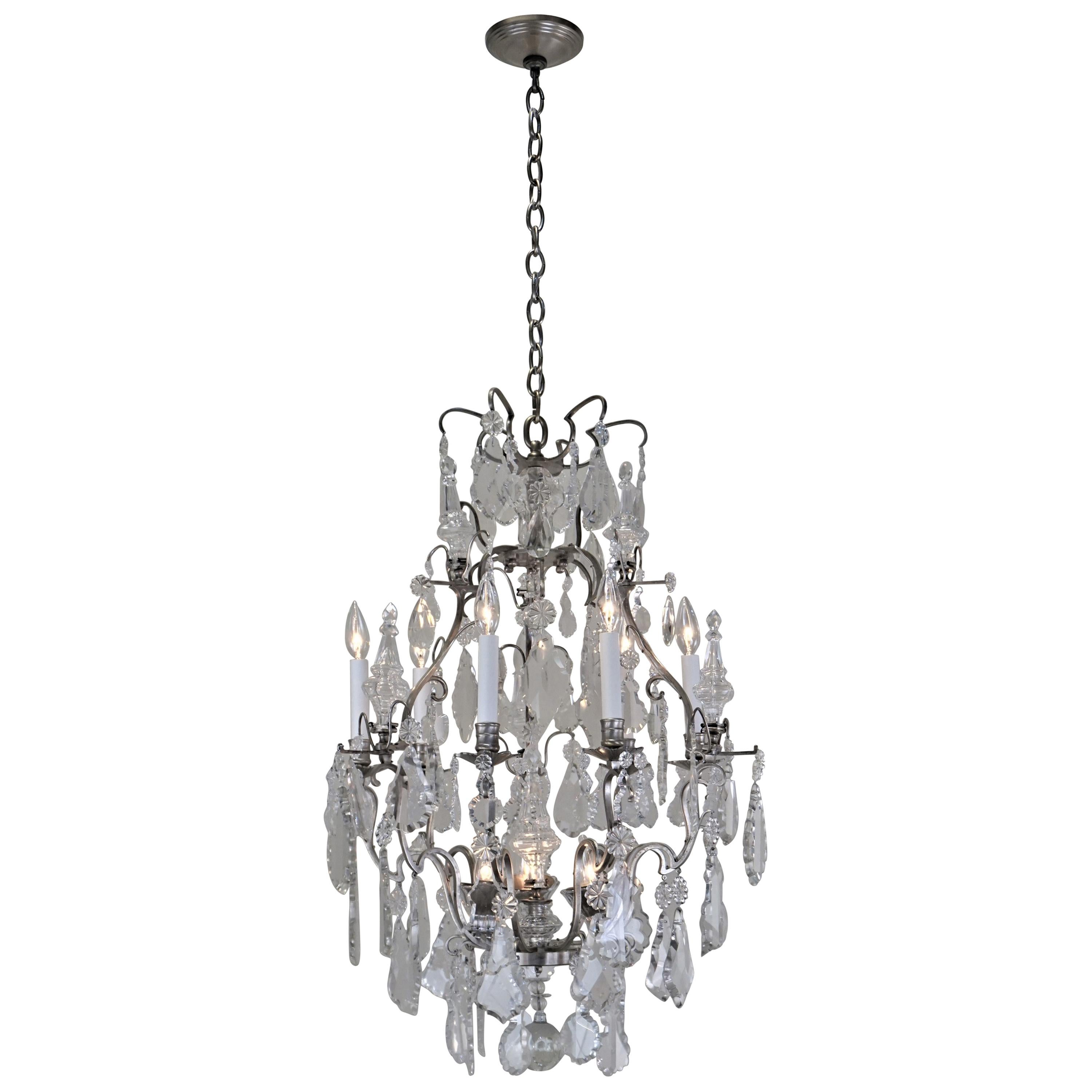 Antique French 1920s Crystal and Silver Chandelier