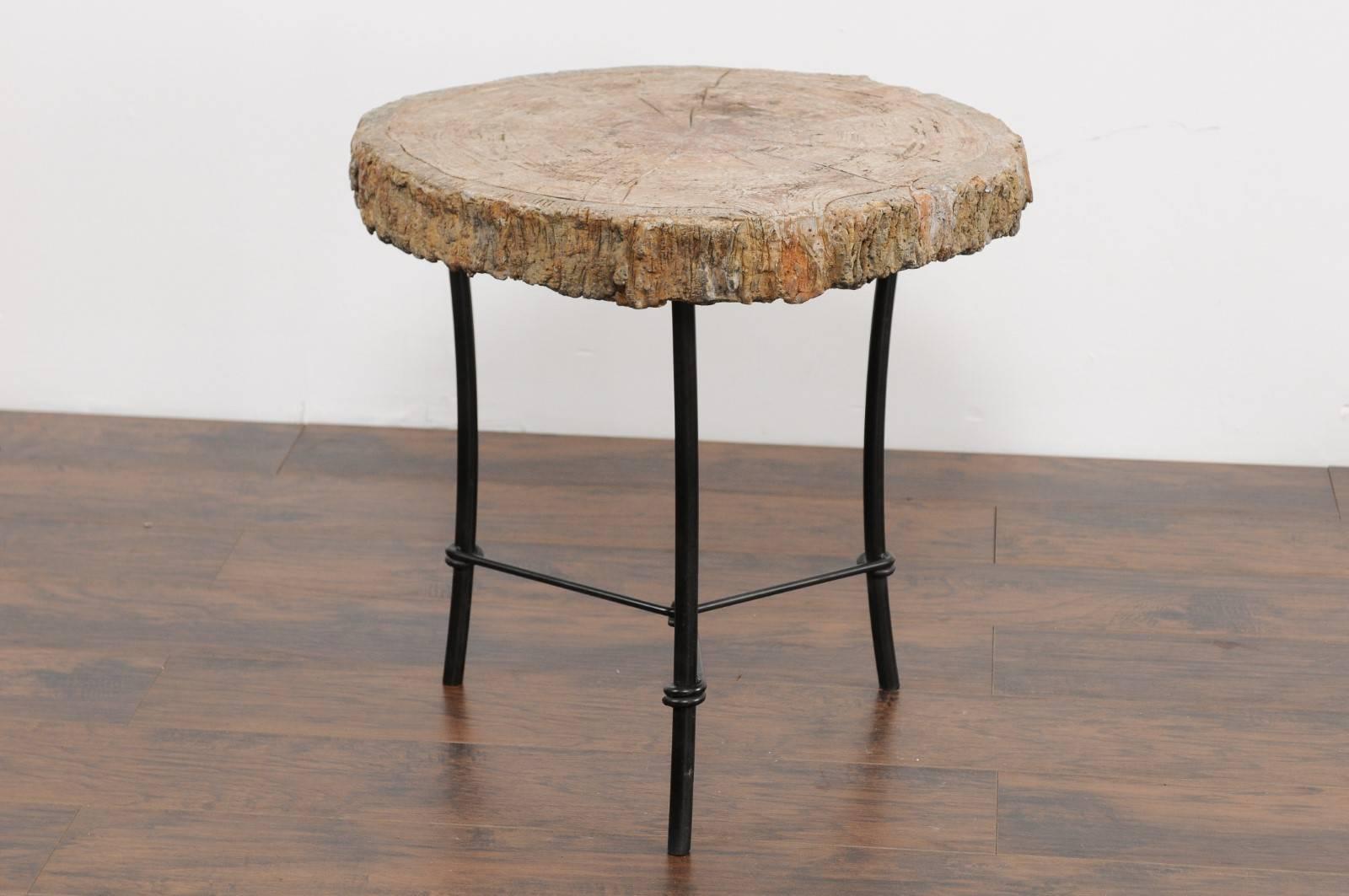 Faux Bois Antique French 1920s Faux-Bois Stone Round Side Table on Custom-Made Iron Base For Sale