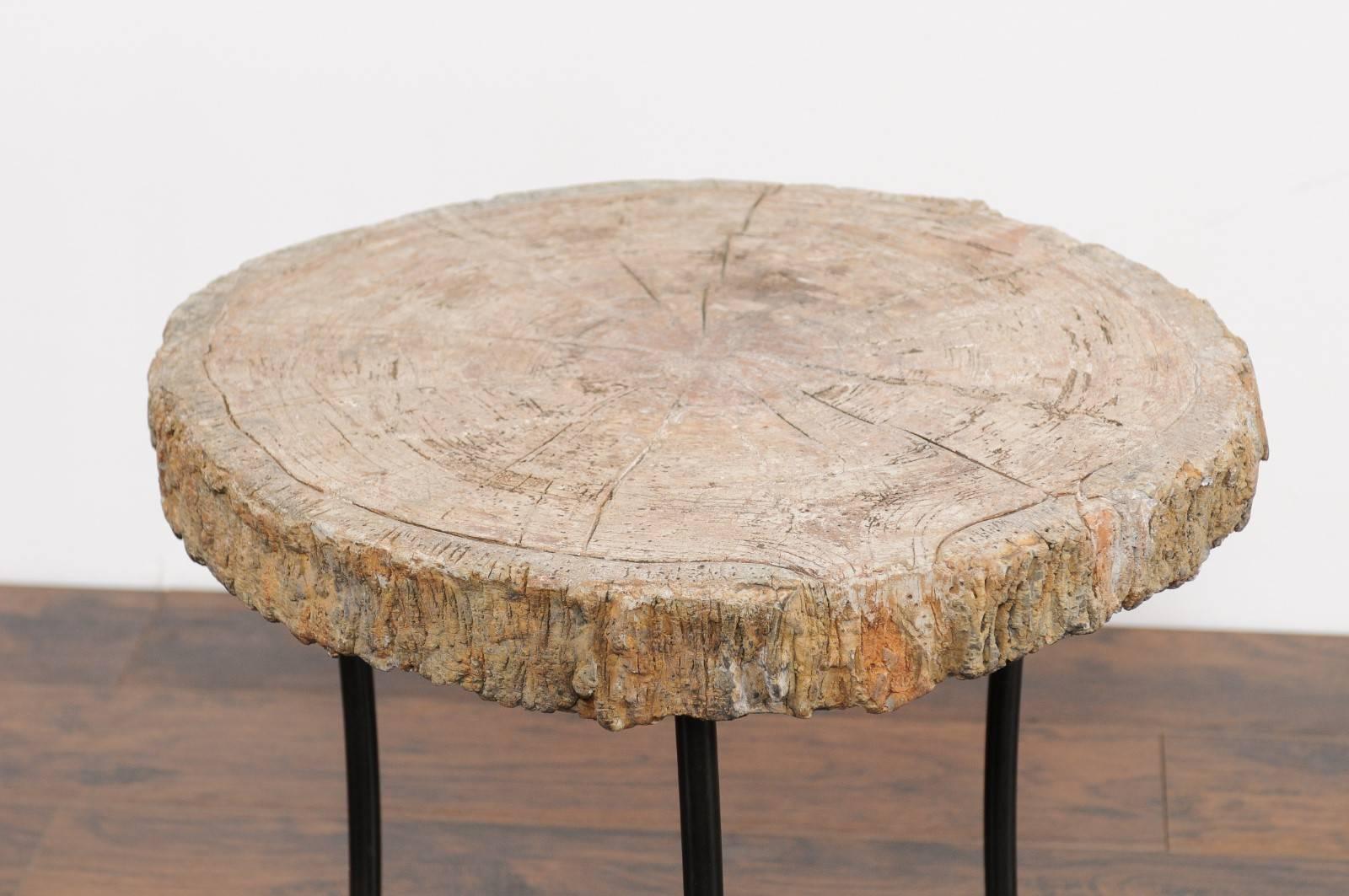Antique French 1920s Faux-Bois Stone Round Side Table on Custom-Made Iron Base In Good Condition For Sale In Atlanta, GA