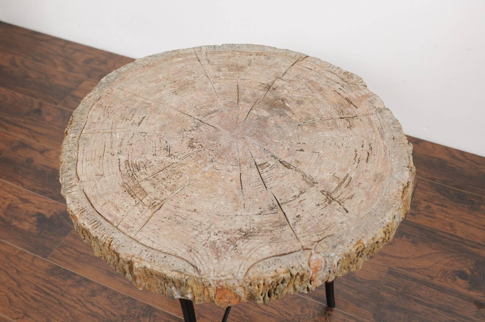 20th Century Antique French 1920s Faux-Bois Stone Round Side Table on Custom-Made Iron Base For Sale