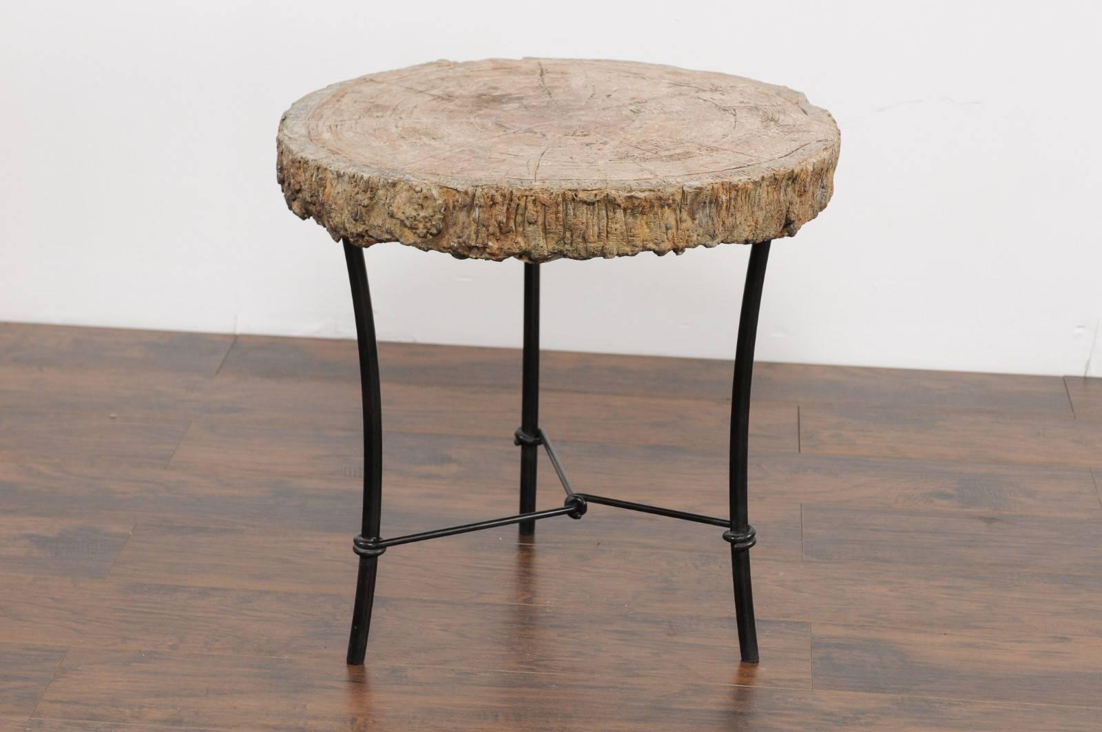 Antique French 1920s Faux-Bois Stone Round Side Table on Custom-Made Iron Base For Sale 1