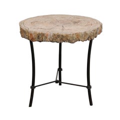 Antique French 1920s Faux-Bois Stone Round Side Table on Custom-Made Iron Base