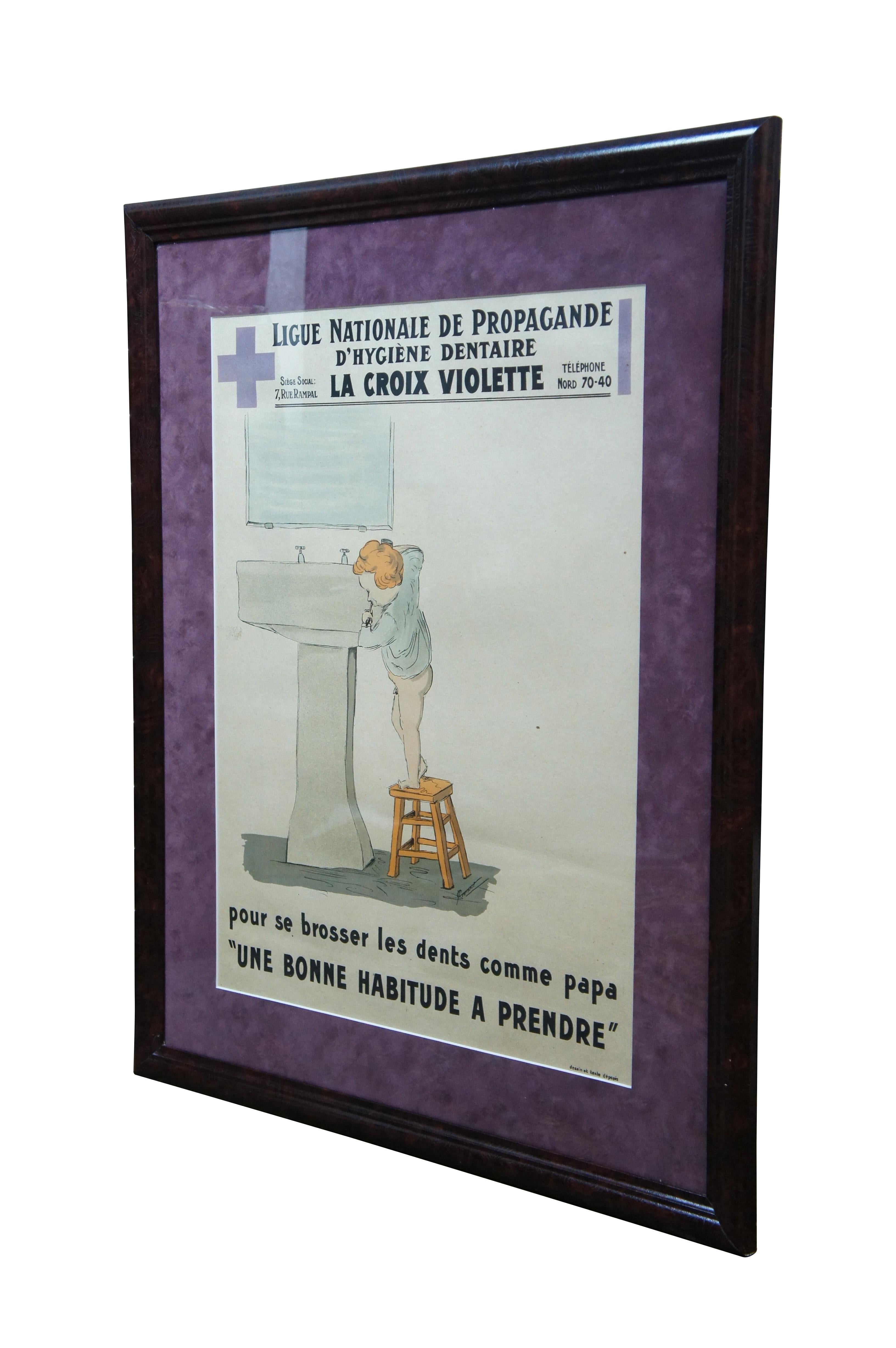 Circa 1930s French dental hygiene poster from the Ligue Nationale de Propagande D'Hygiene Dentaire - La Croix Violette (National Dental Hygiene Propaganda League - The Violet Cross). Shows an illustration of a child brushing their teeth / tooth,