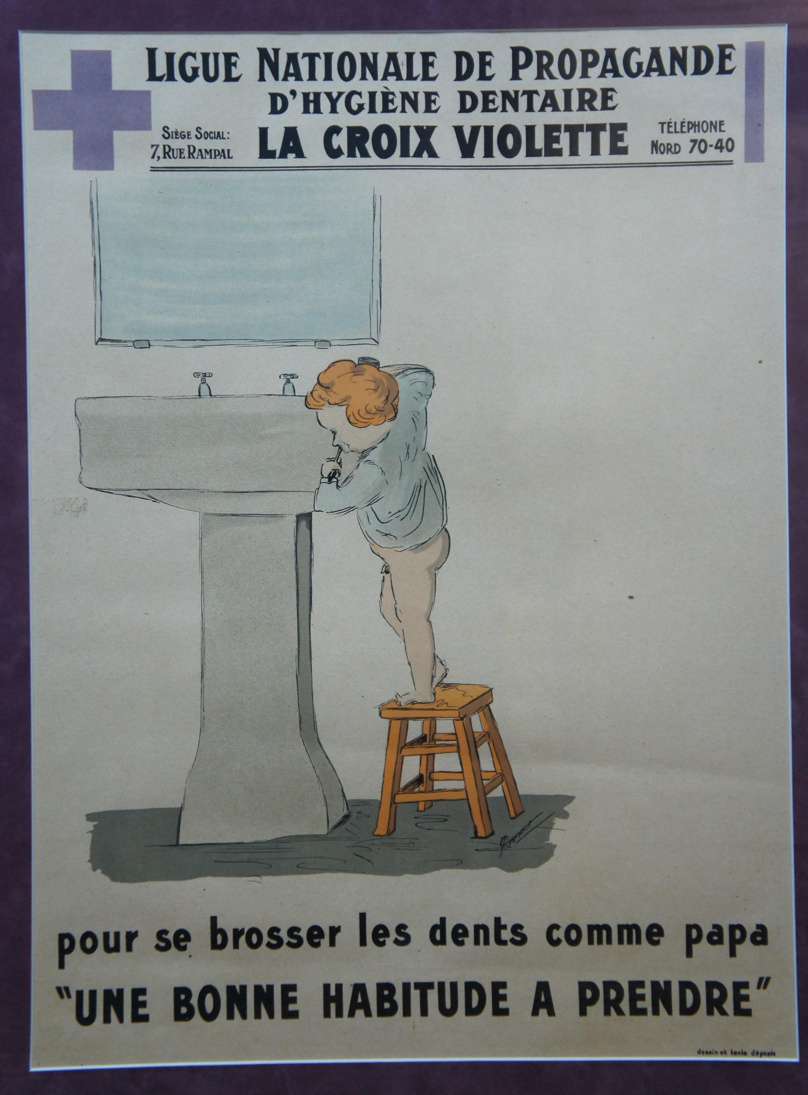 Antique French 1930 La Croix Violette Dental Hygiene Teeth Propaganda Poster 34