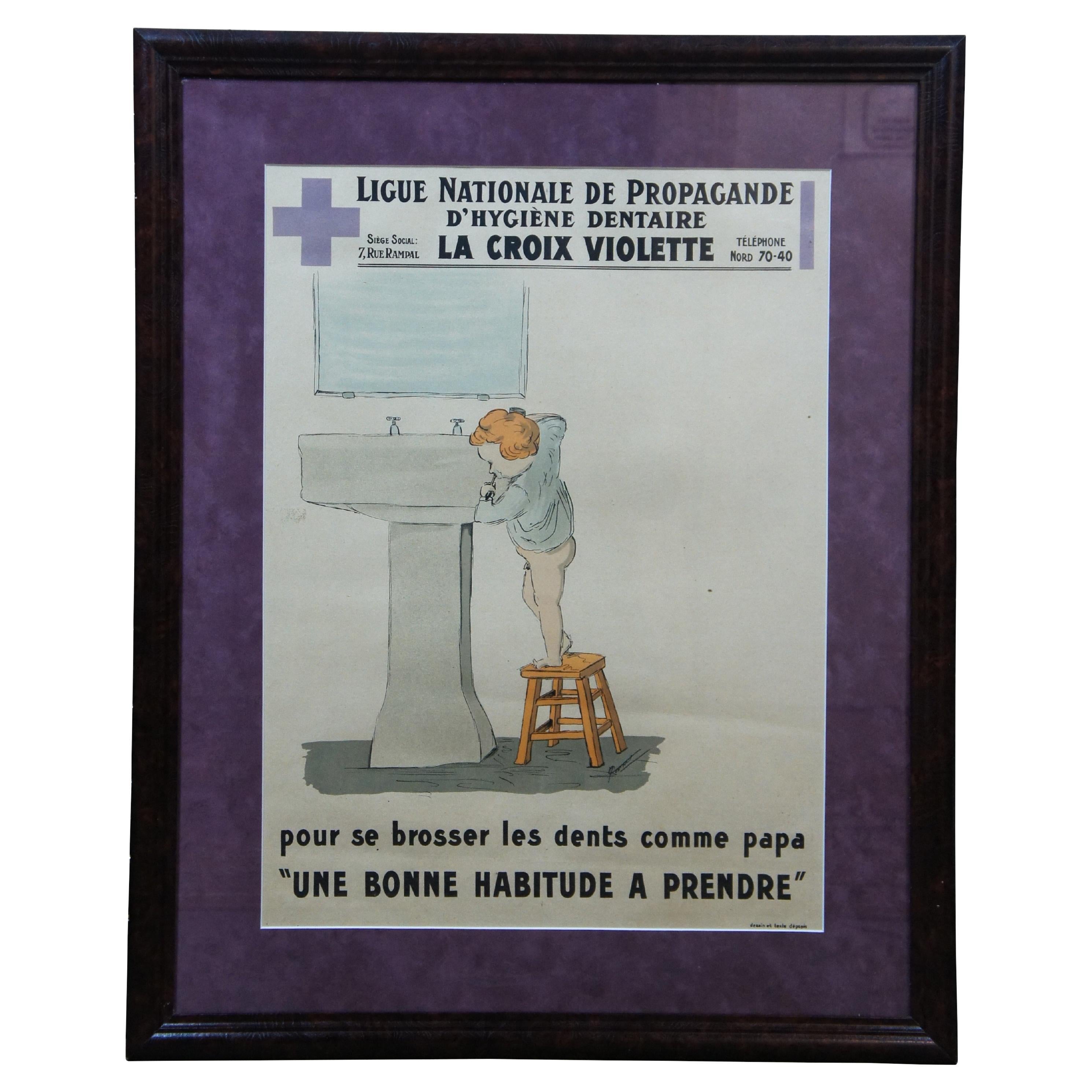 Antique French 1930 La Croix Violette Dental Hygiene Teeth Propaganda Poster 34"