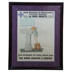 Used French 1930 La Croix Violette Dental Hygiene Teeth Propaganda Poster 34"