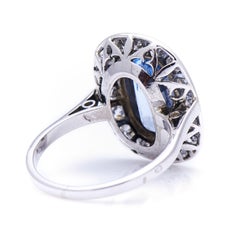 Antique, French, 1930s, Large Sapphire and Diamond Cluster Engagement Ring