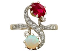 Antique French 1930s Opal Synthetic Ruby and Diamond Yellow Gold Twist Ring