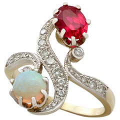 Antique French 1930s Opal Synthetic Ruby and Diamond Yellow Gold Twist Ring