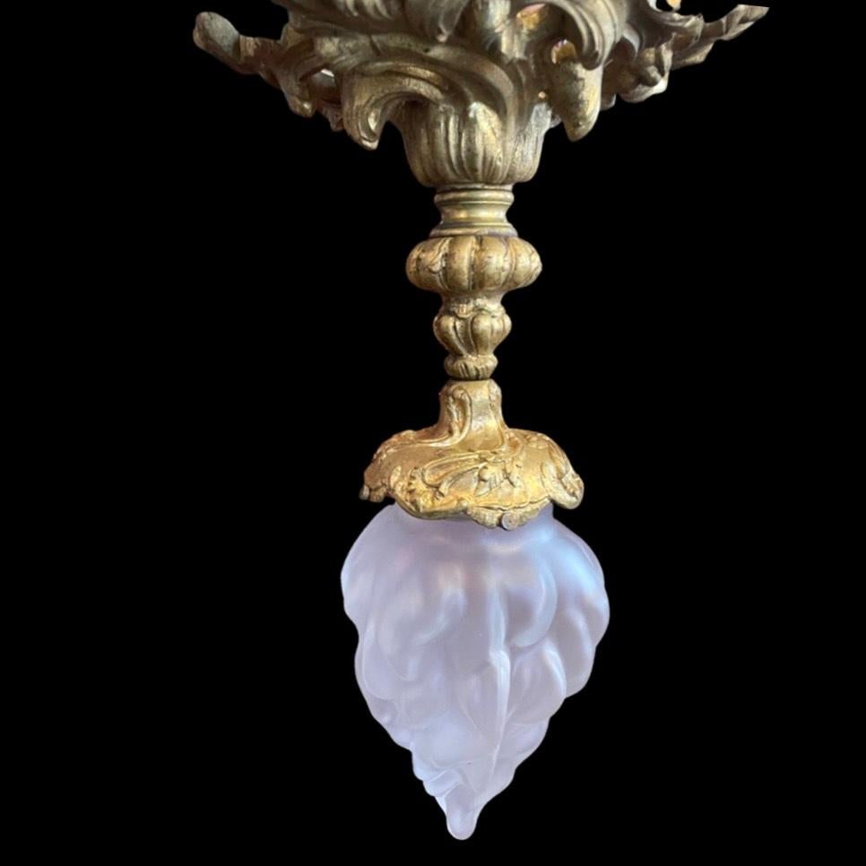 Louis XVI Antique French 1950s Frosted Flame Torch Ceiling Pendant Lights For Sale