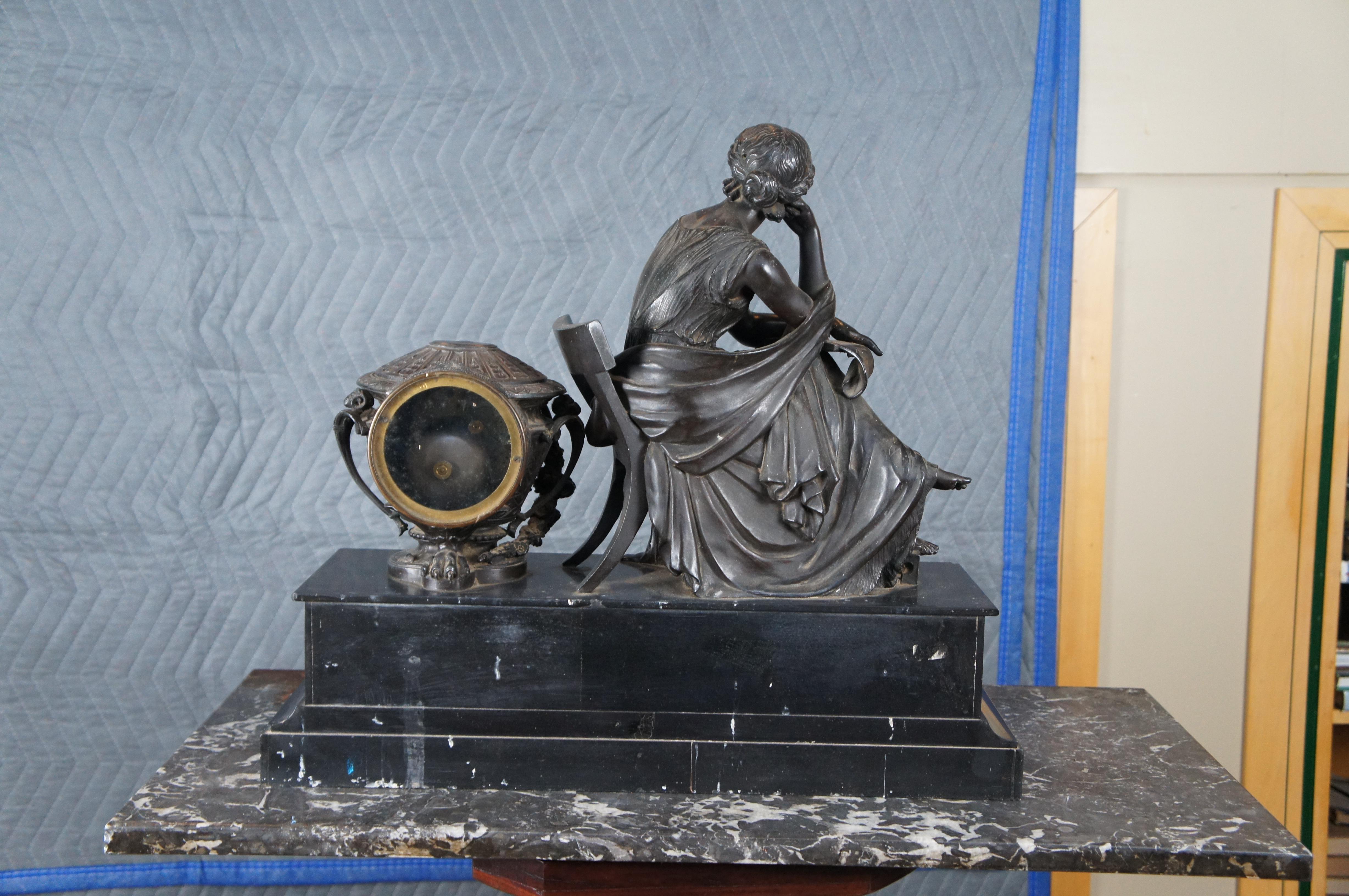 Antique French 19th C Japy Fil Classical Figure Bronze Slate Marble Mantel Clock For Sale 6