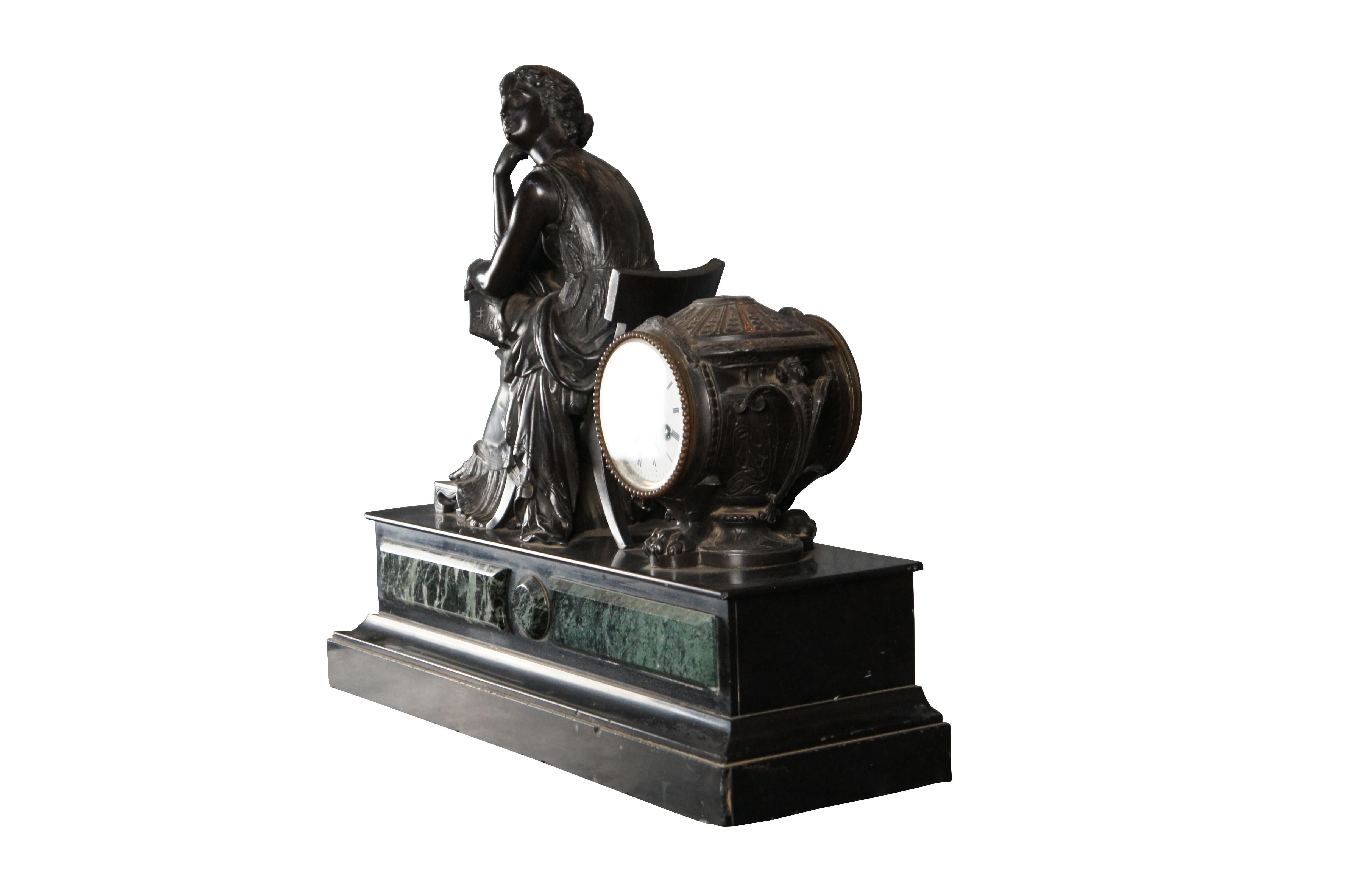 French Provincial Antique French 19th C Japy Fil Classical Figure Bronze Slate Marble Mantel Clock For Sale