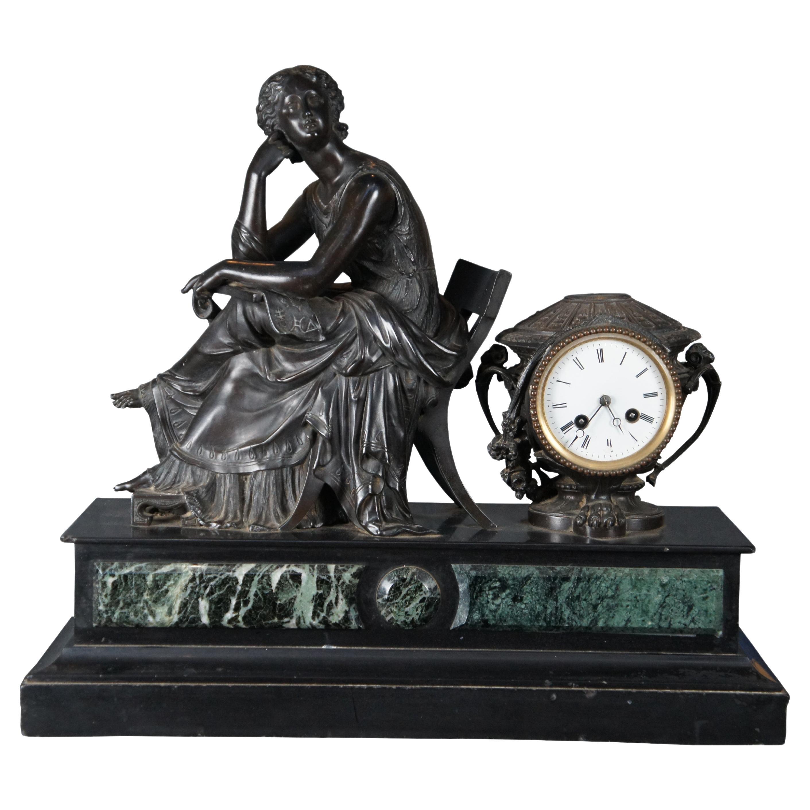 Antique French 19th C Japy Fil Classical Figure Bronze Slate Marble Mantel Clock For Sale