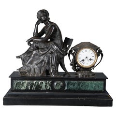 Used French 19th C Japy Fil Classical Figure Bronze Slate Marble Mantel Clock