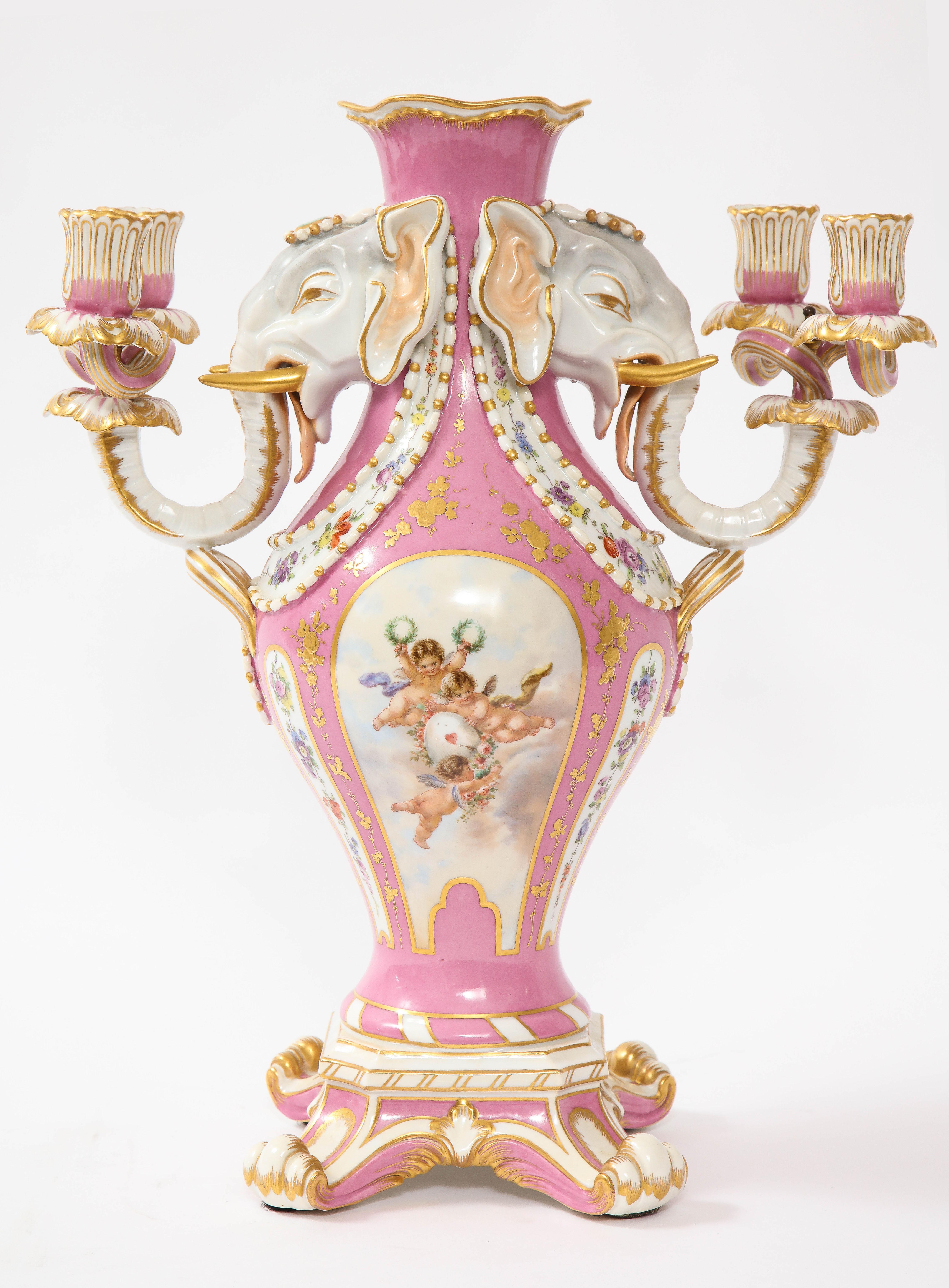 Antique French 19th C Pink Ground Sevres Style 3-Piece Pot-Pourri/Candelabra Set For Sale 3
