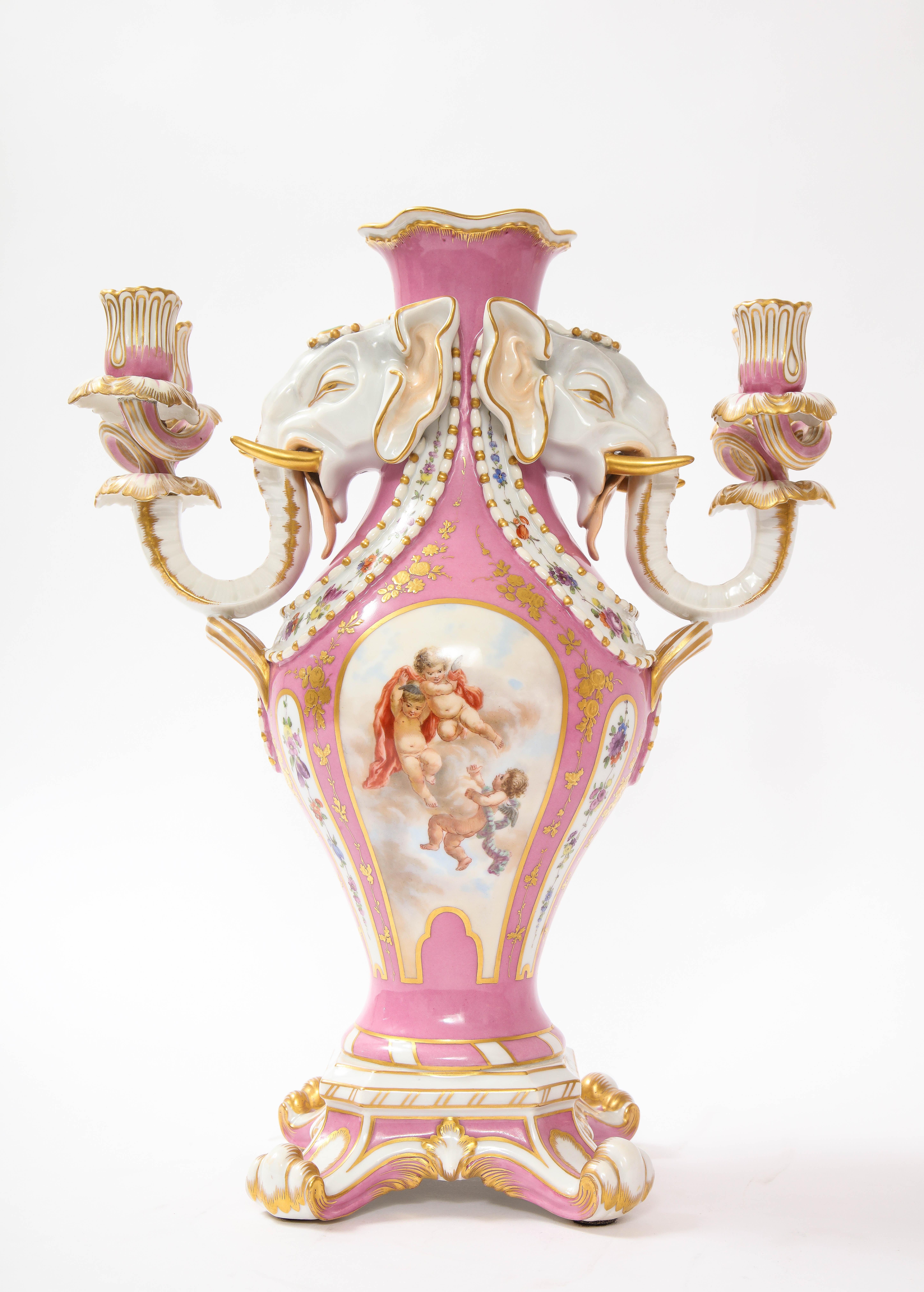 Antique French 19th C Pink Ground Sevres Style 3-Piece Pot-Pourri/Candelabra Set For Sale 4