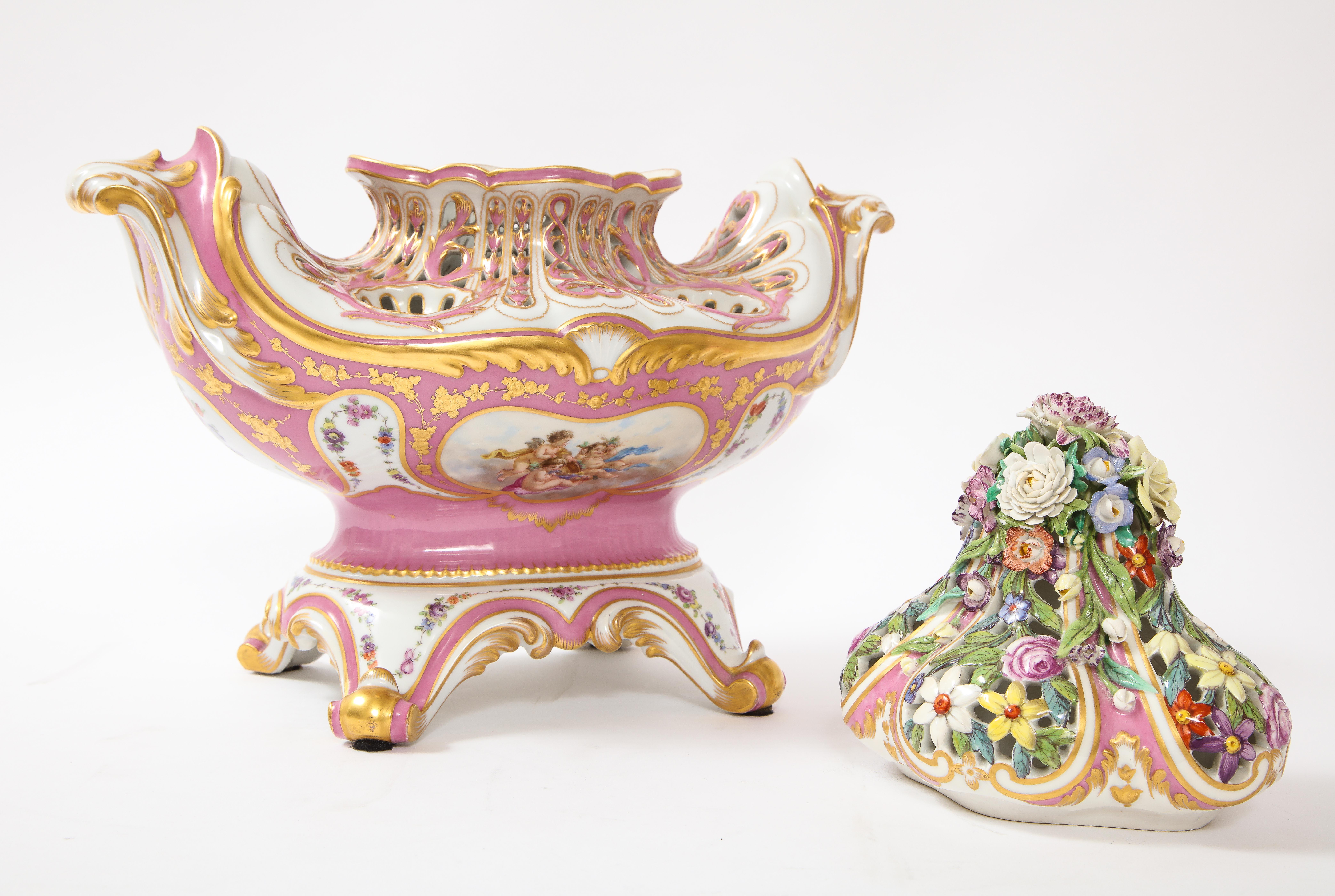 Antique French 19th C Pink Ground Sevres Style 3-Piece Pot-Pourri/Candelabra Set For Sale 6