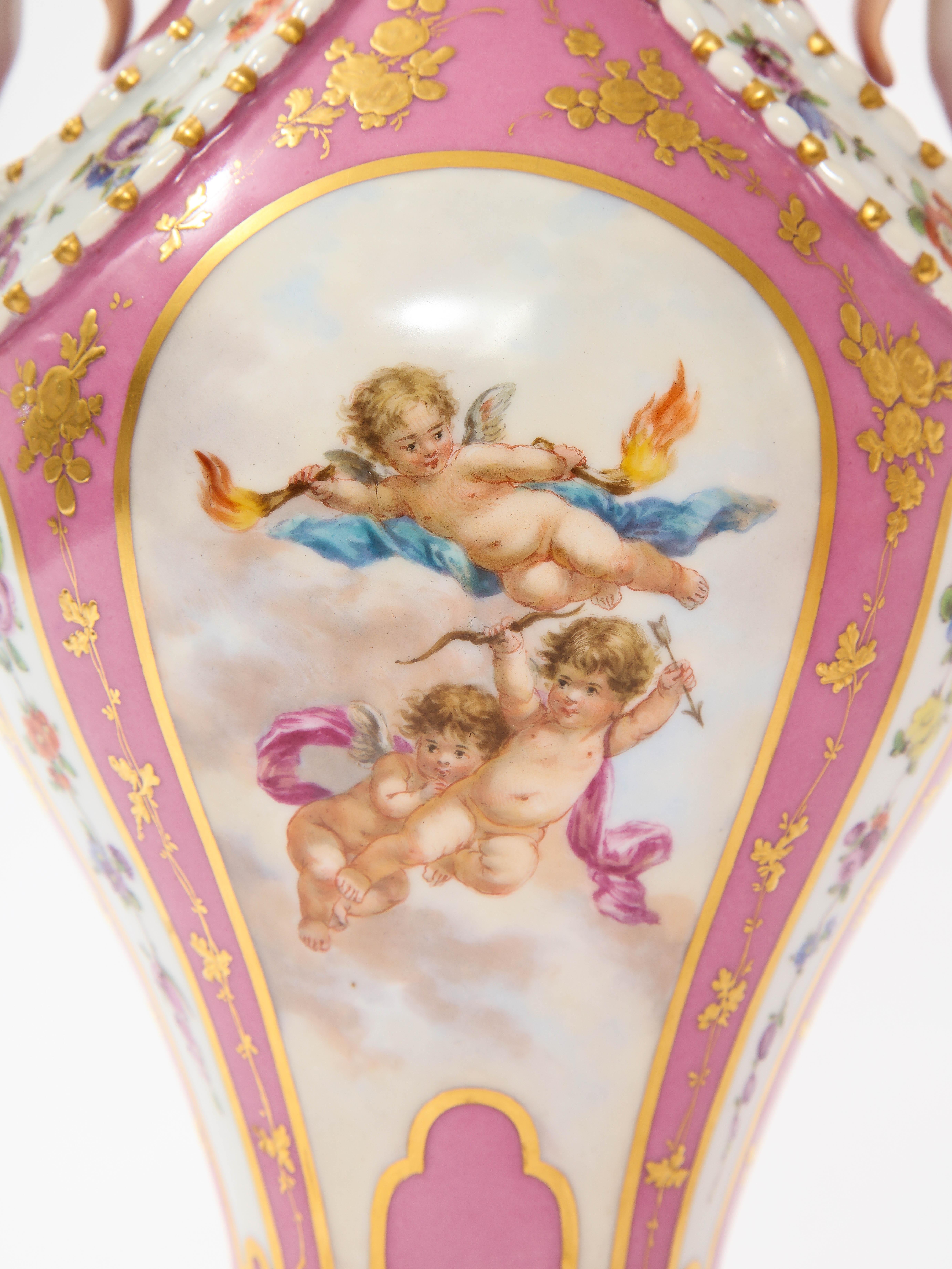 Antique French 19th C Pink Ground Sevres Style 3-Piece Pot-Pourri/Candelabra Set en vente 6