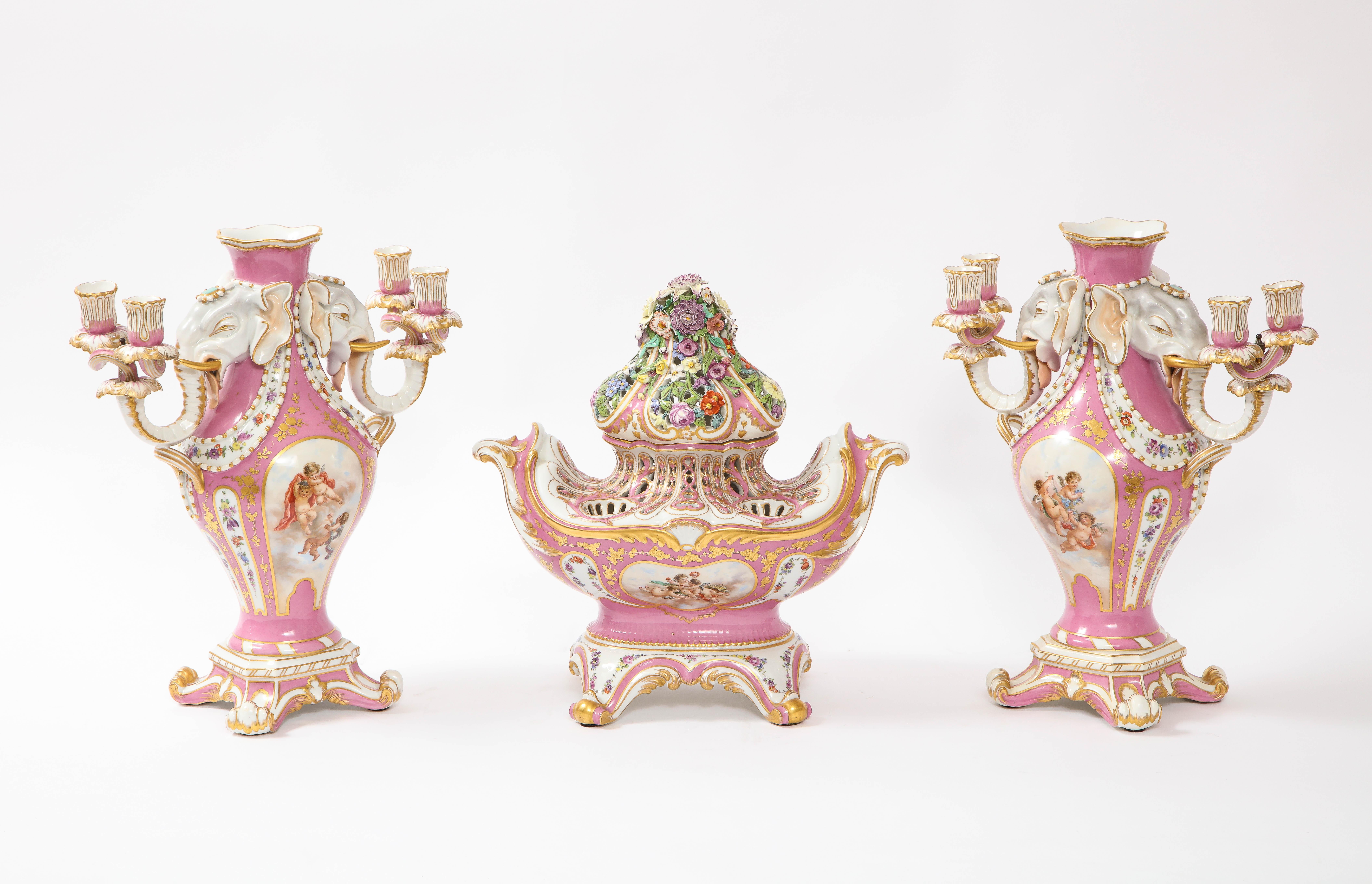 Antique French 19th C Pink Ground Sevres Style 3-Piece Pot-Pourri/Candelabra Set Francés en venta
