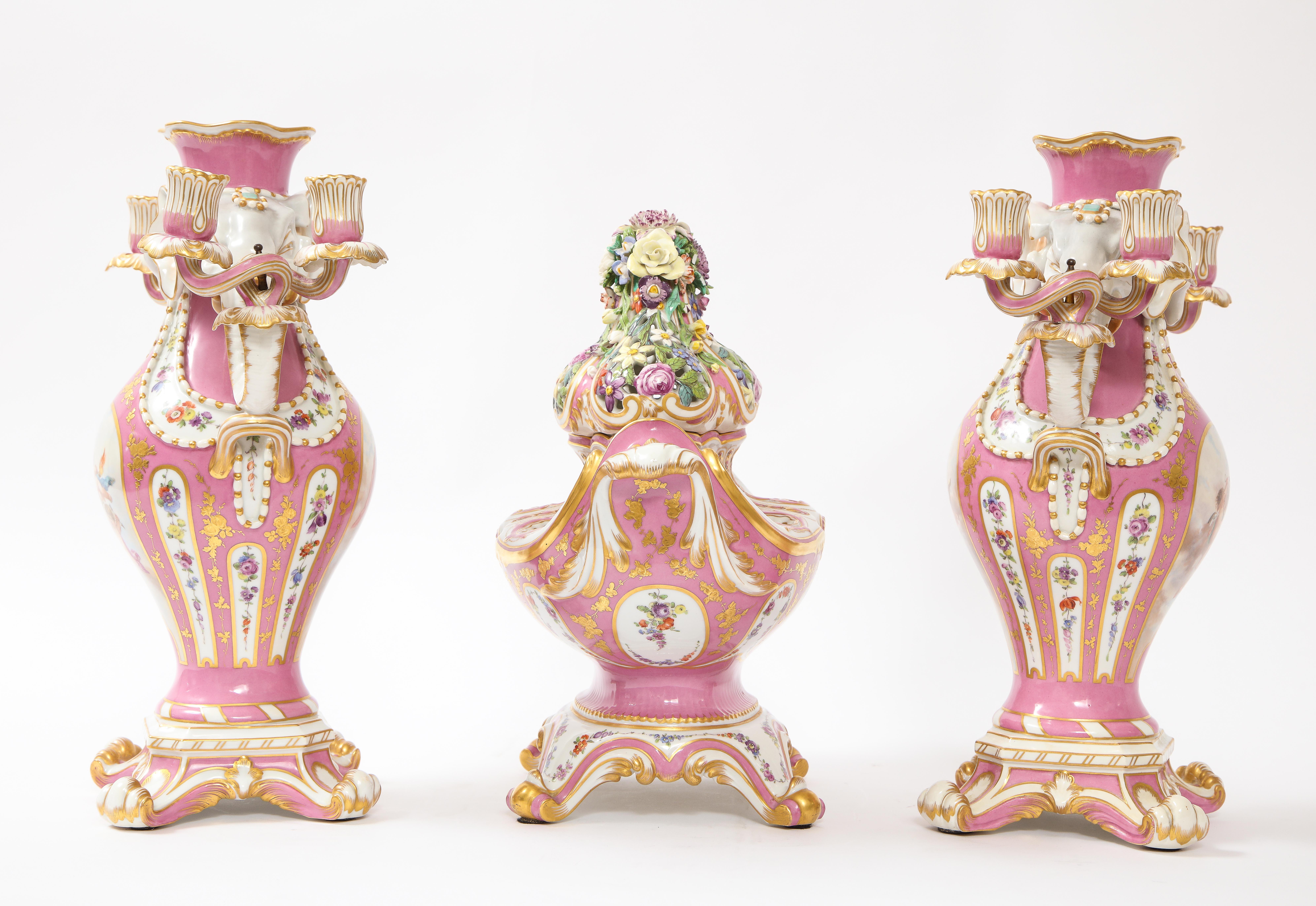 19th Century Antique French 19th C Pink Ground Sevres Style 3-Piece Pot-Pourri/Candelabra Set For Sale