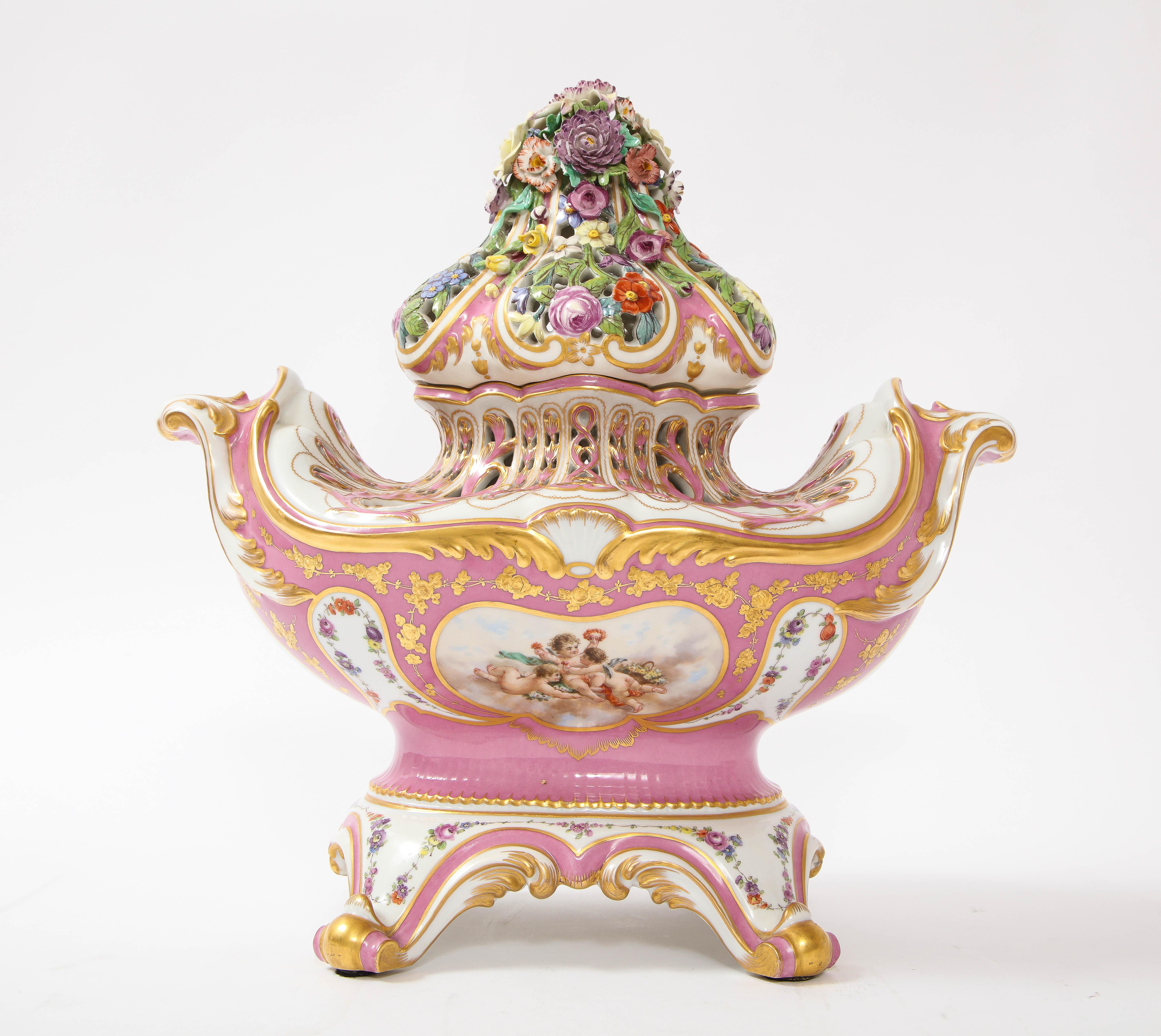 Porcelain Antique French 19th C Pink Ground Sevres Style 3-Piece Pot-Pourri/Candelabra Set For Sale