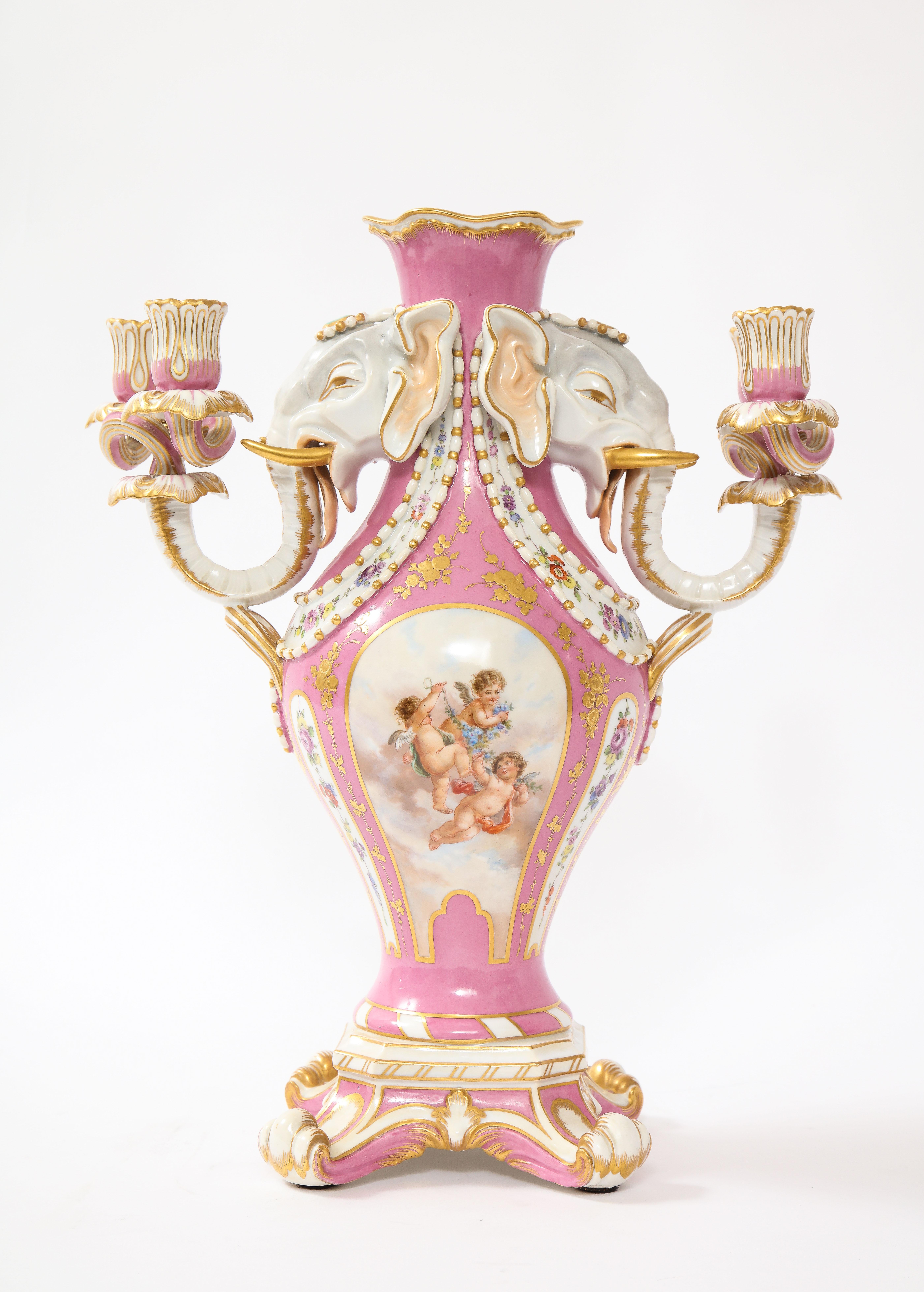 Porcelaine Antique French 19th C Pink Ground Sevres Style 3-Piece Pot-Pourri/Candelabra Set en vente