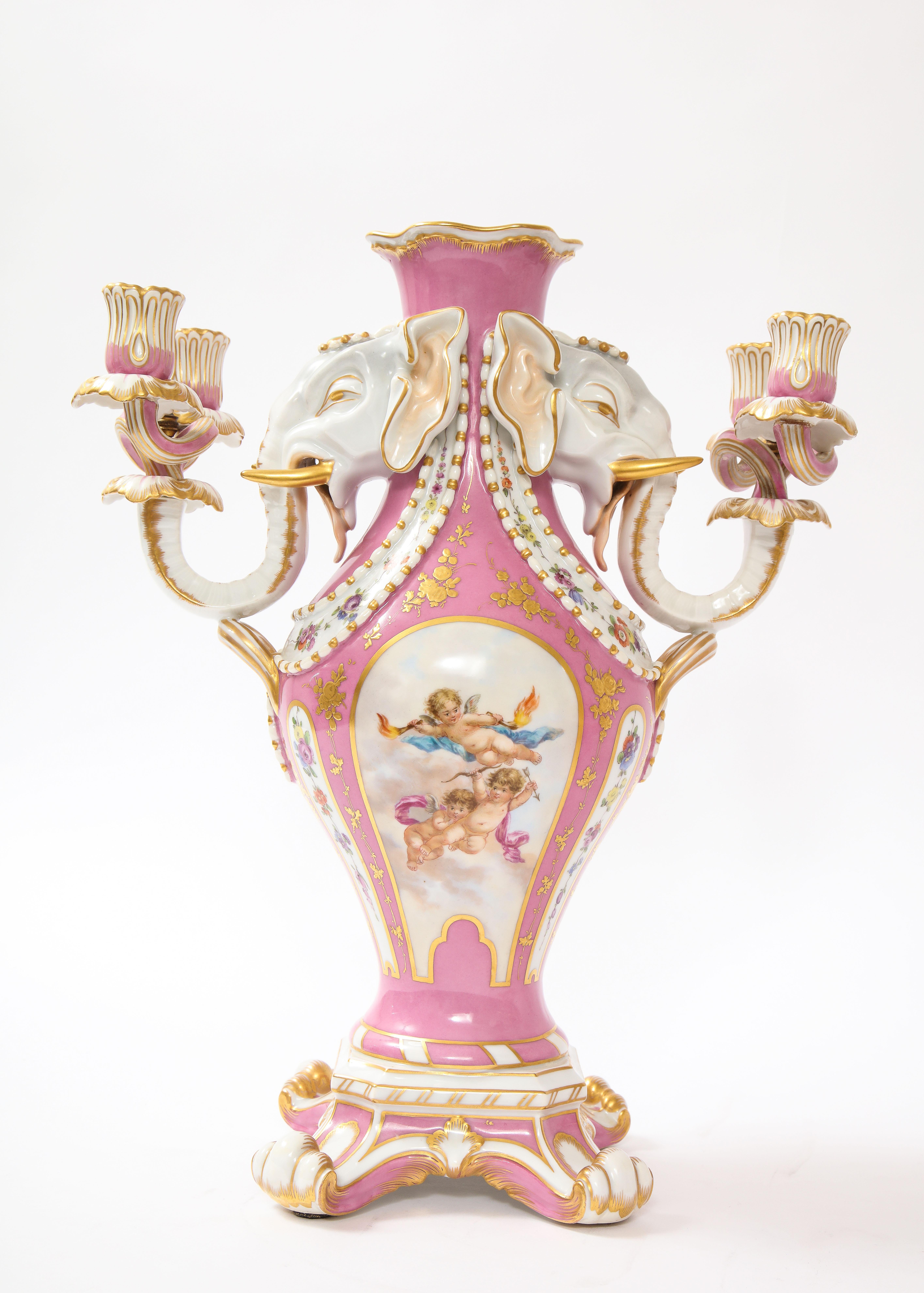 Antique French 19th C Pink Ground Sevres Style 3-Piece Pot-Pourri/Candelabra Set en venta 1