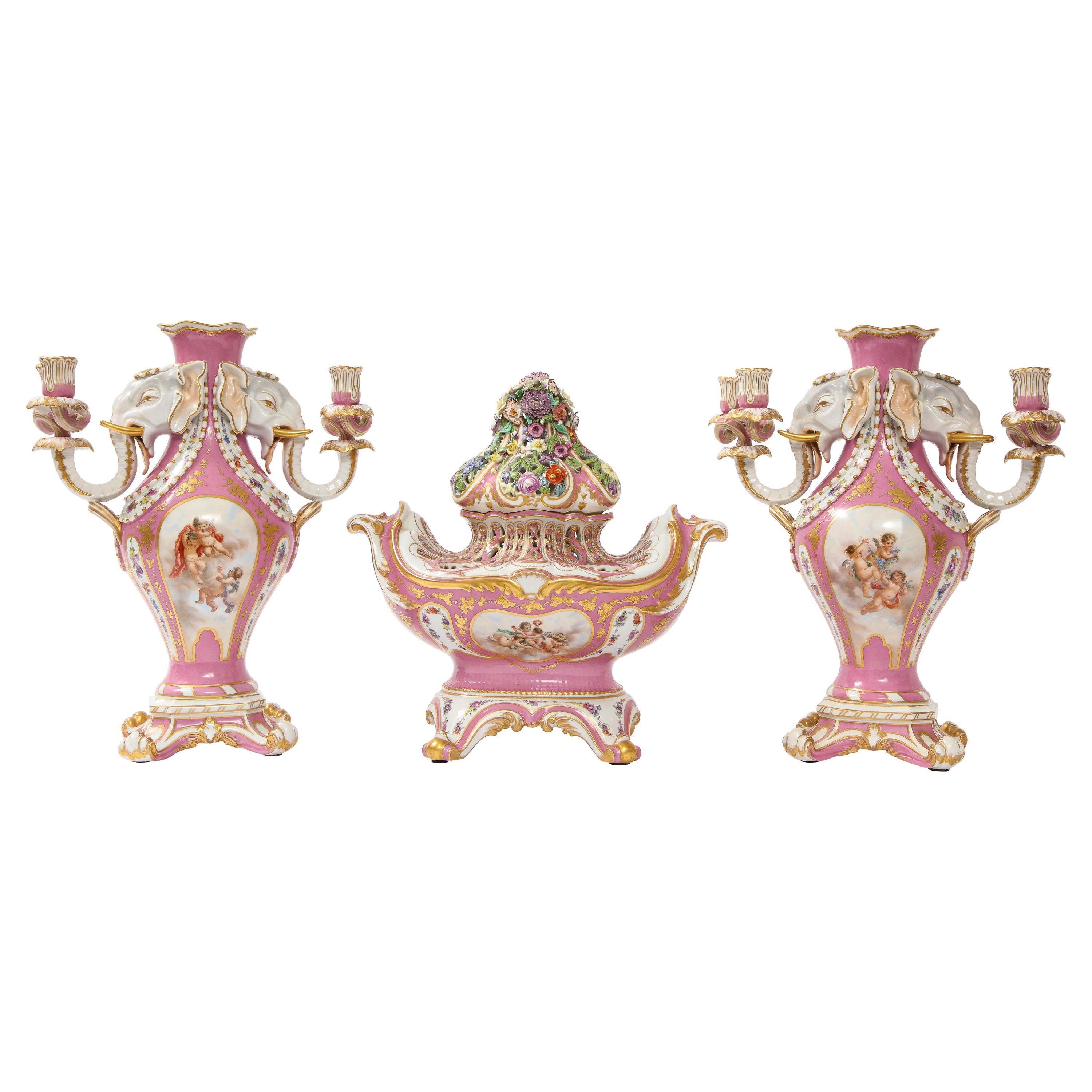 Antique French 19th C Pink Ground Sevres Style 3-Piece Pot-Pourri/Candelabra Set en vente