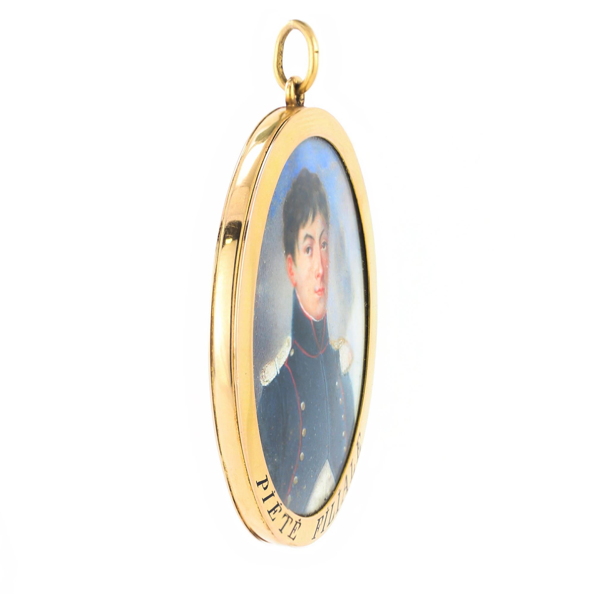 Victorian Antique French 19th Century 18kt Gold Pendant Miniature with Painting For Sale