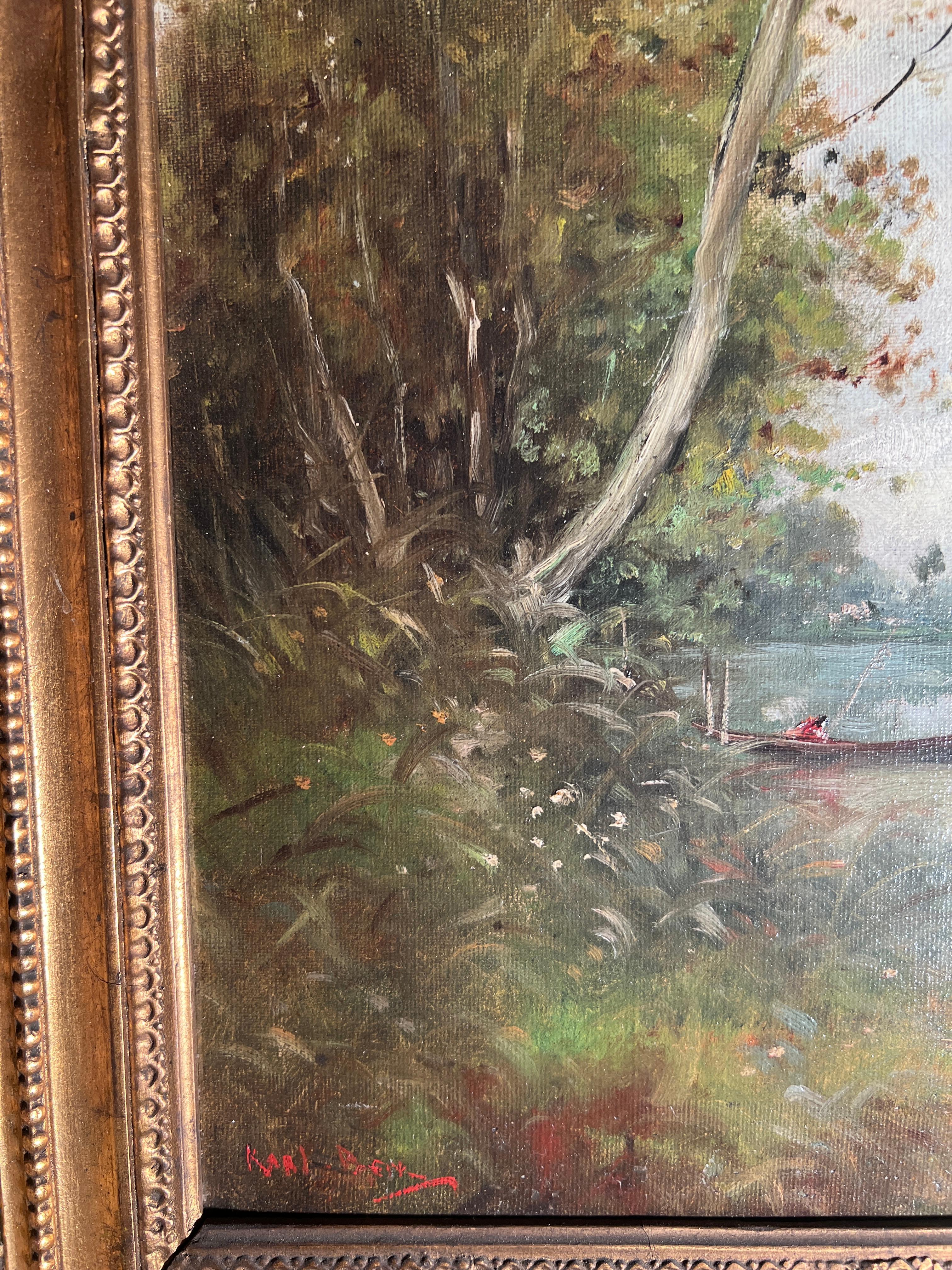 Ancienne peinture de paysage à l'huile sur toile encadrée de l'école de Barbizon de la fin du 19e siècle, 