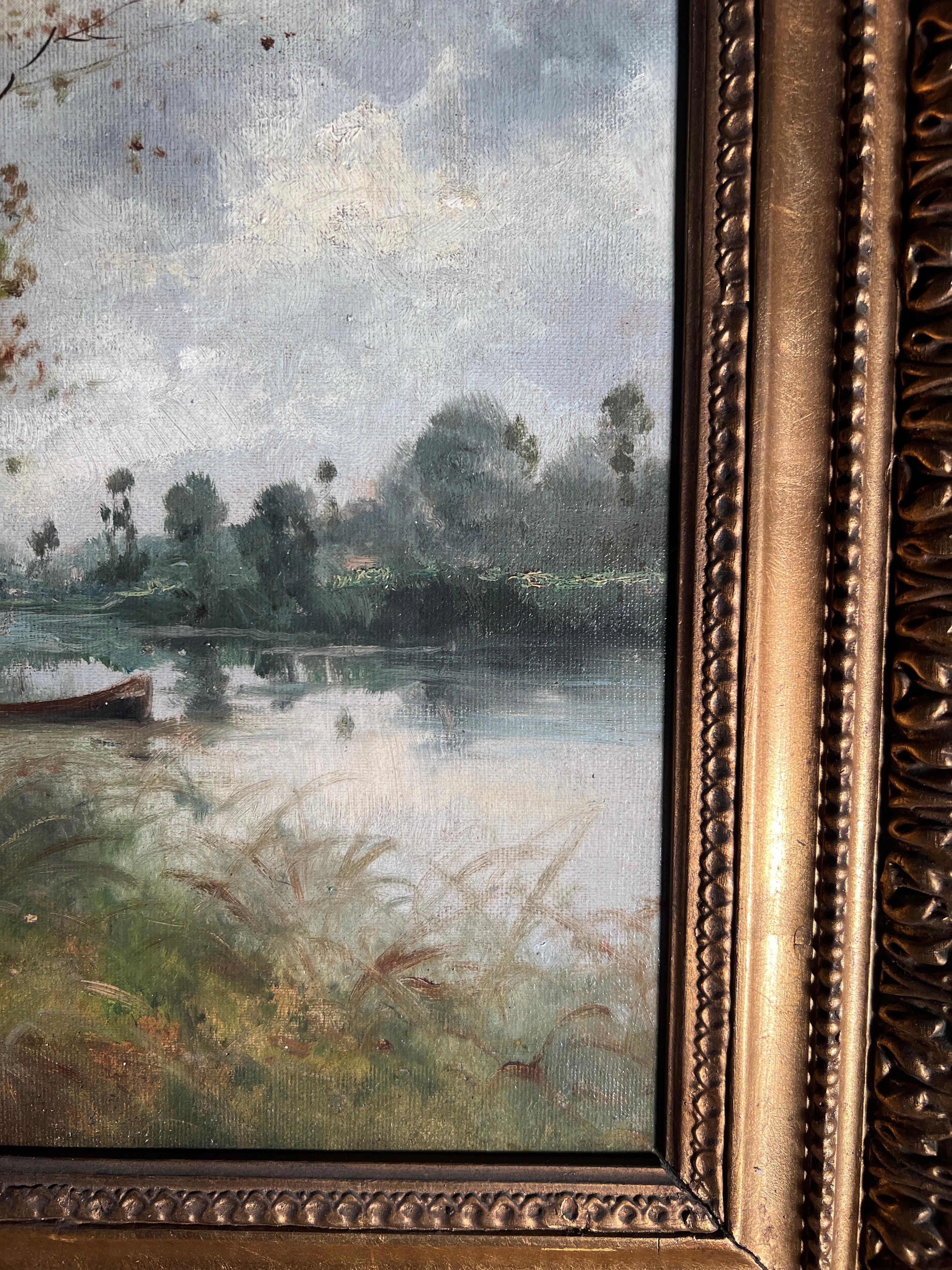 Français Ancienne peinture de paysage française de l'école de Barbizon du 19ème siècle, huile sur toile en vente
