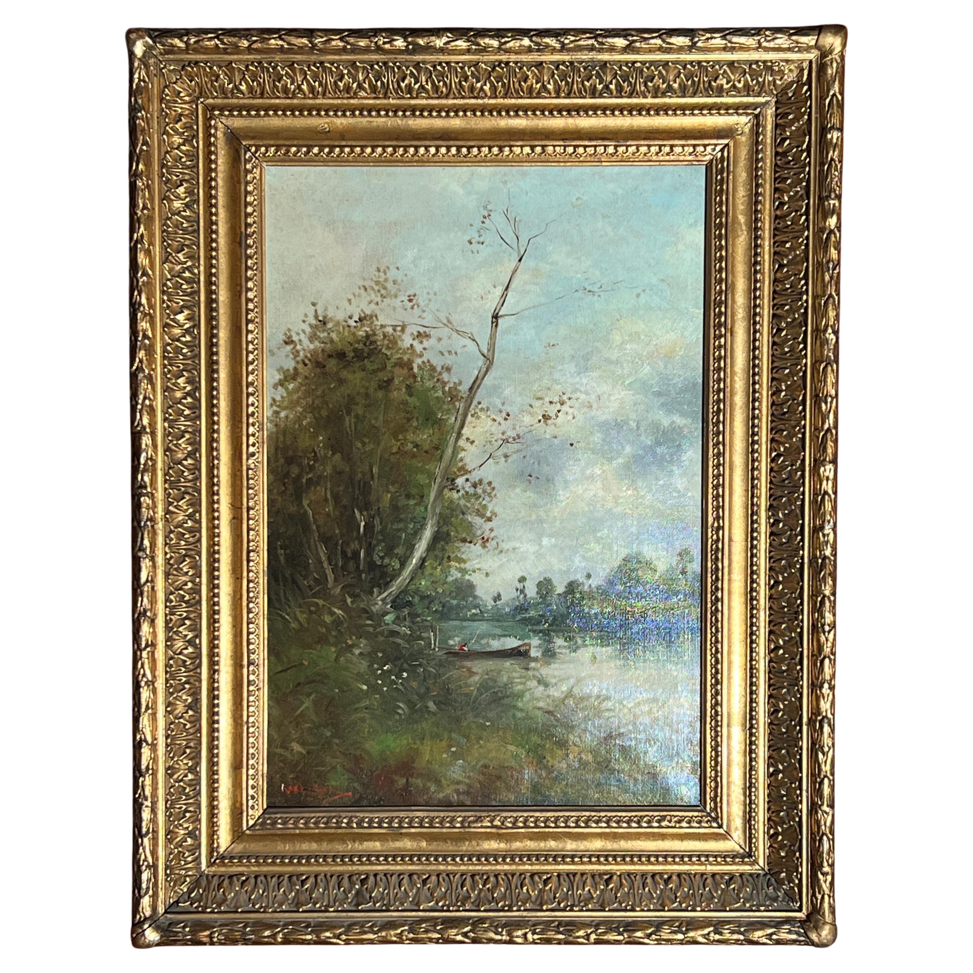 Antique French 19th Century Barbizon School Oil on Canvas Landscape Painting. For Sale